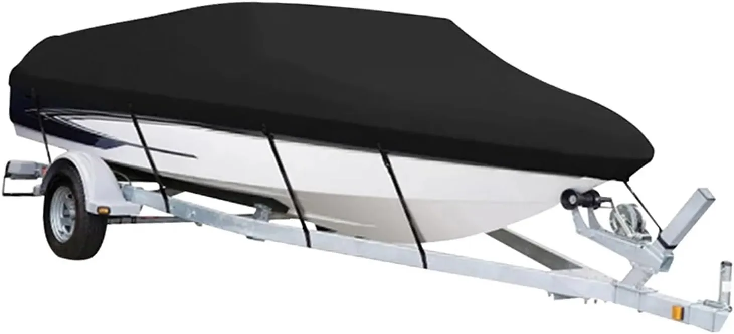 Boat Cover 210D Black Portable Ski Boat Covers Sun Protection, Waterproof Yacht Boat Cover Anti UV Dustproof Cover Heavy Duty Trailer Marine Trailerable Canvas Awning Accessory