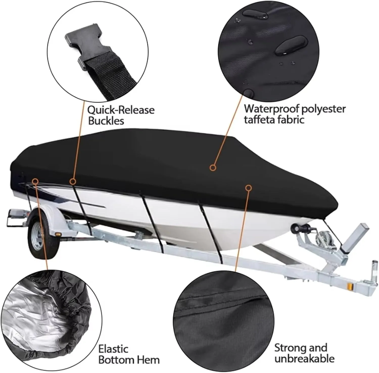 Boat Cover 210D Black Portable Ski Boat Covers Sun Protection, Waterproof Yacht Boat Cover Anti UV Dustproof Cover Heavy Duty Trailer Marine Trailerable Canvas Awning Accessory