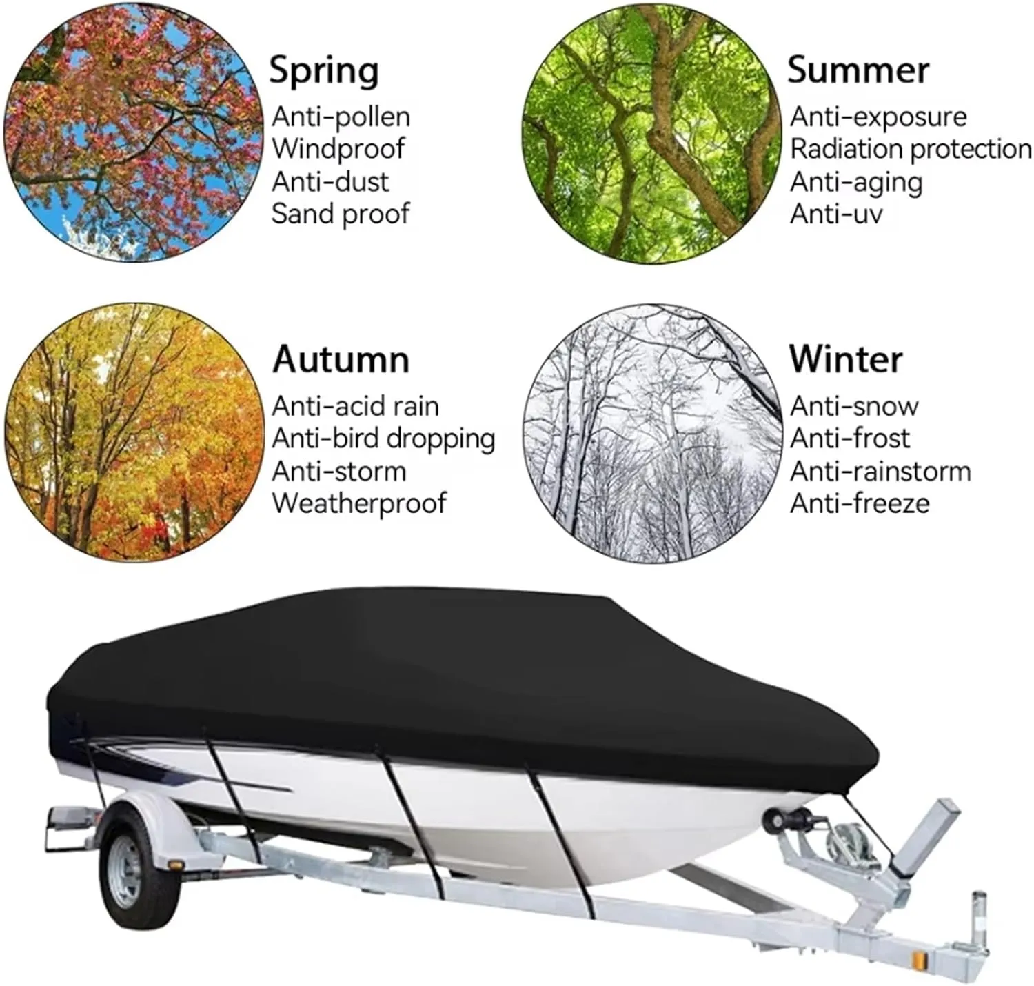 Boat Cover 210D Black Portable Ski Boat Covers Sun Protection, Waterproof Yacht Boat Cover Anti UV Dustproof Cover Heavy Duty Trailer Marine Trailerable Canvas Awning Accessory