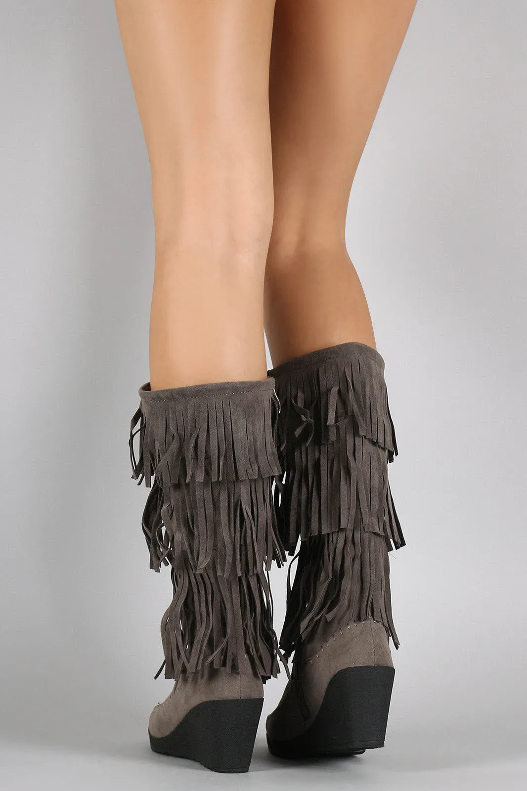 Boots Intuitive Wedge Mid Calf Layered Fringe Suede Secure platform Moccasin