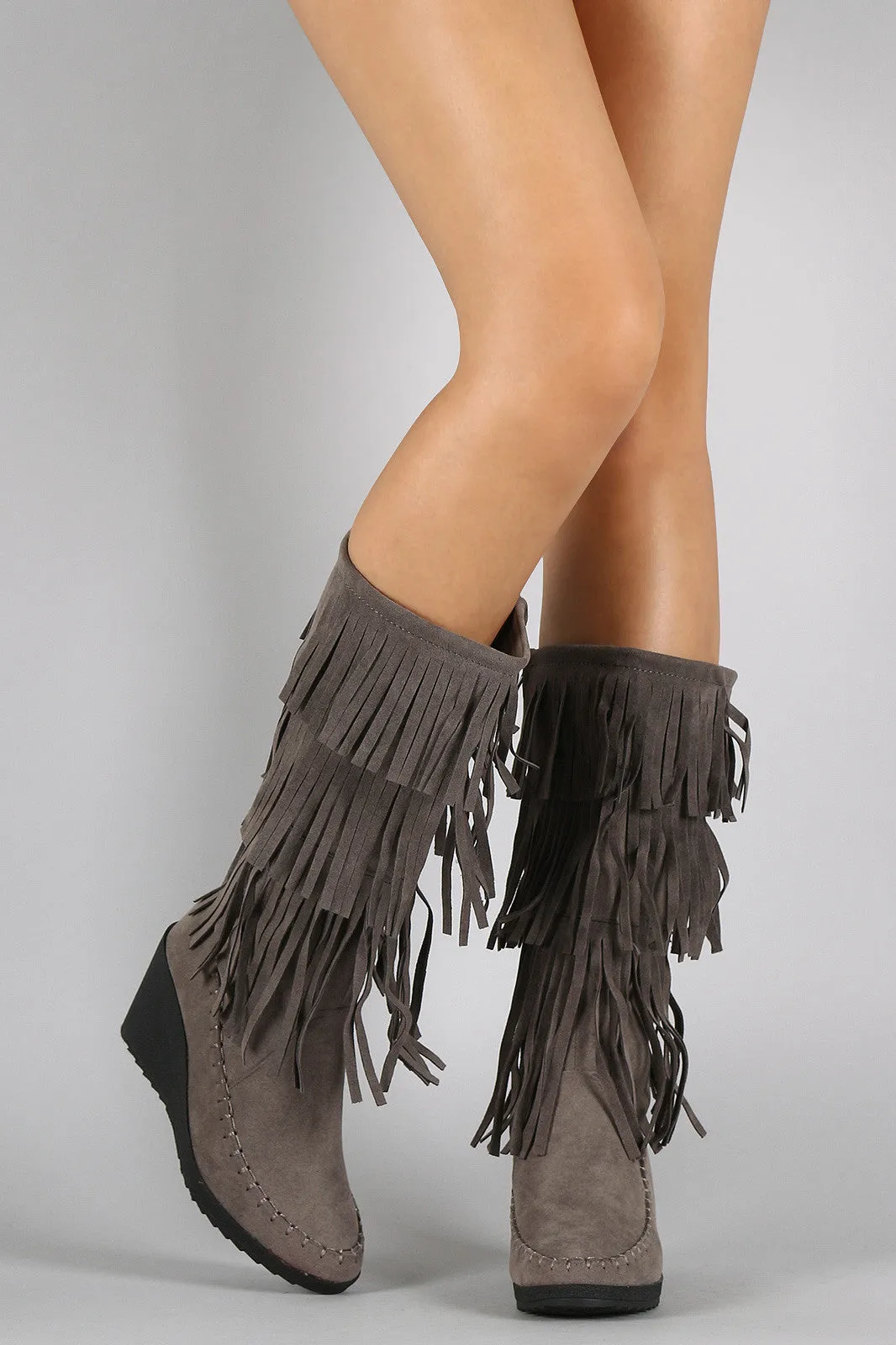 Boots Intuitive Wedge Mid Calf Layered Fringe Suede Secure platform Moccasin