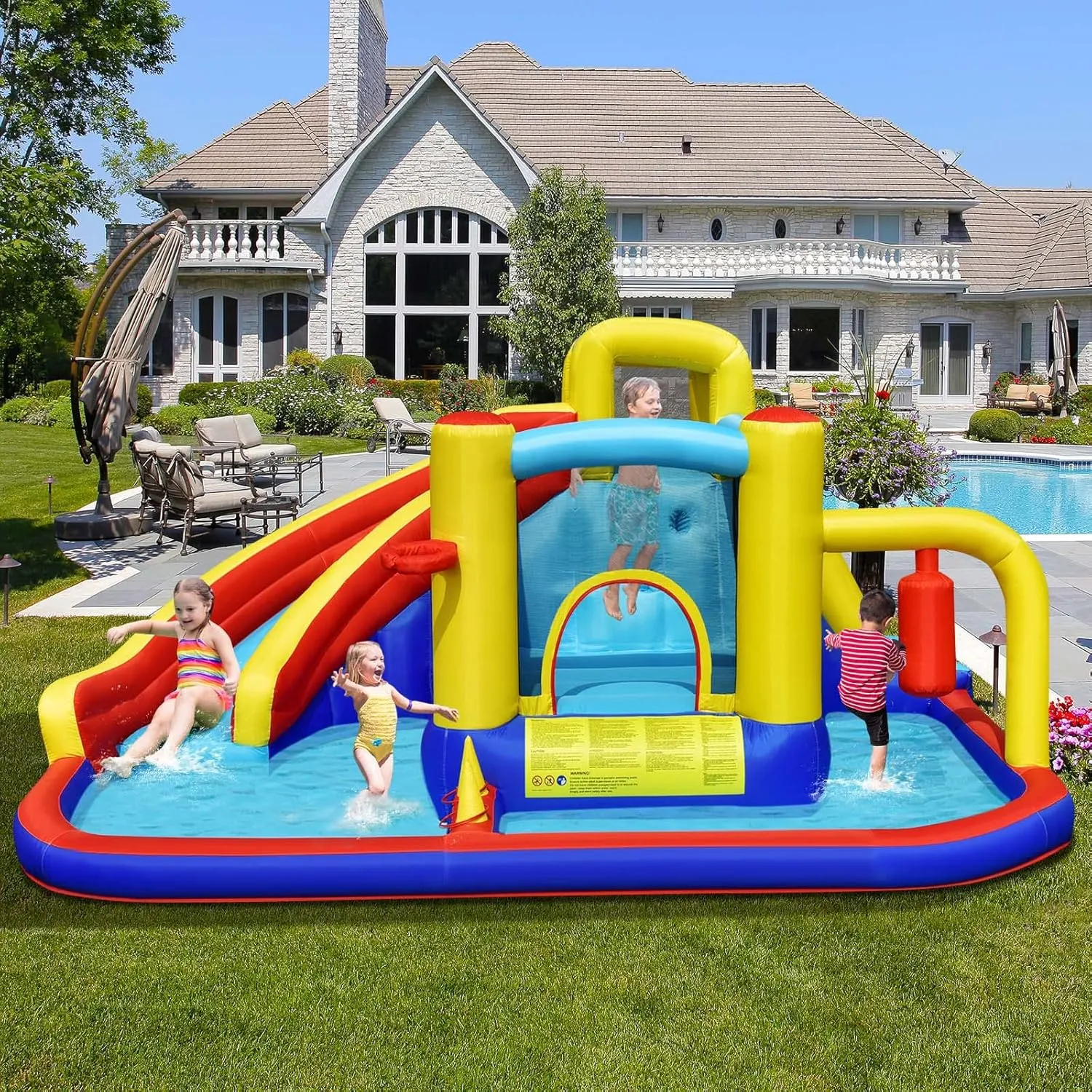BOUNTECH Inflatable Water Slide, 6-in-1 Kids Water Park Jump Castle with 2 Splash Pools, Boxing, Water Slides Inflatables for Kids, Backyard Party Outdoor Water Slide Bounce House with GFCI Blower