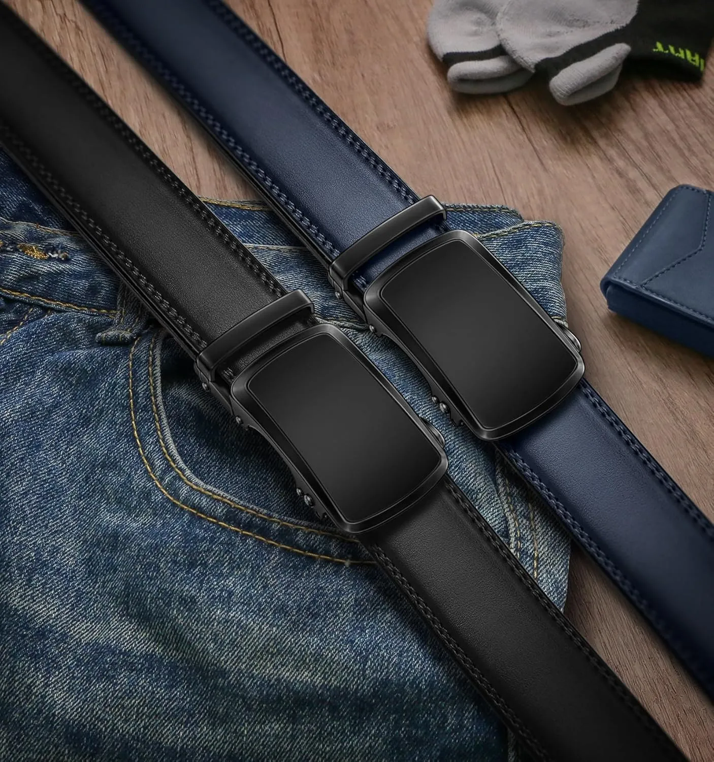 BULLIANT Men's Ratchet Belt 2 Pack-Click Leather Belt Adjustable for Men Gift 1 3/8-Cut for Perfect Fit
