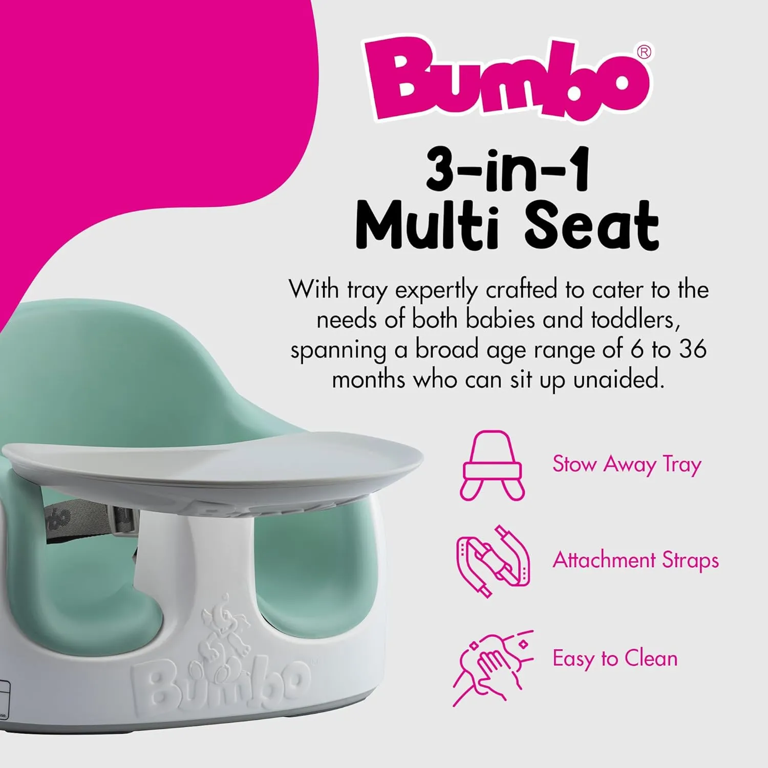 Bumbo 3-in-1 Baby Multi Seat Booster with Feeding Tray, 6-36 Months Old, Hemlock - High Chair and Floor Seat Accessory for Babies, Infants, and Toddlers