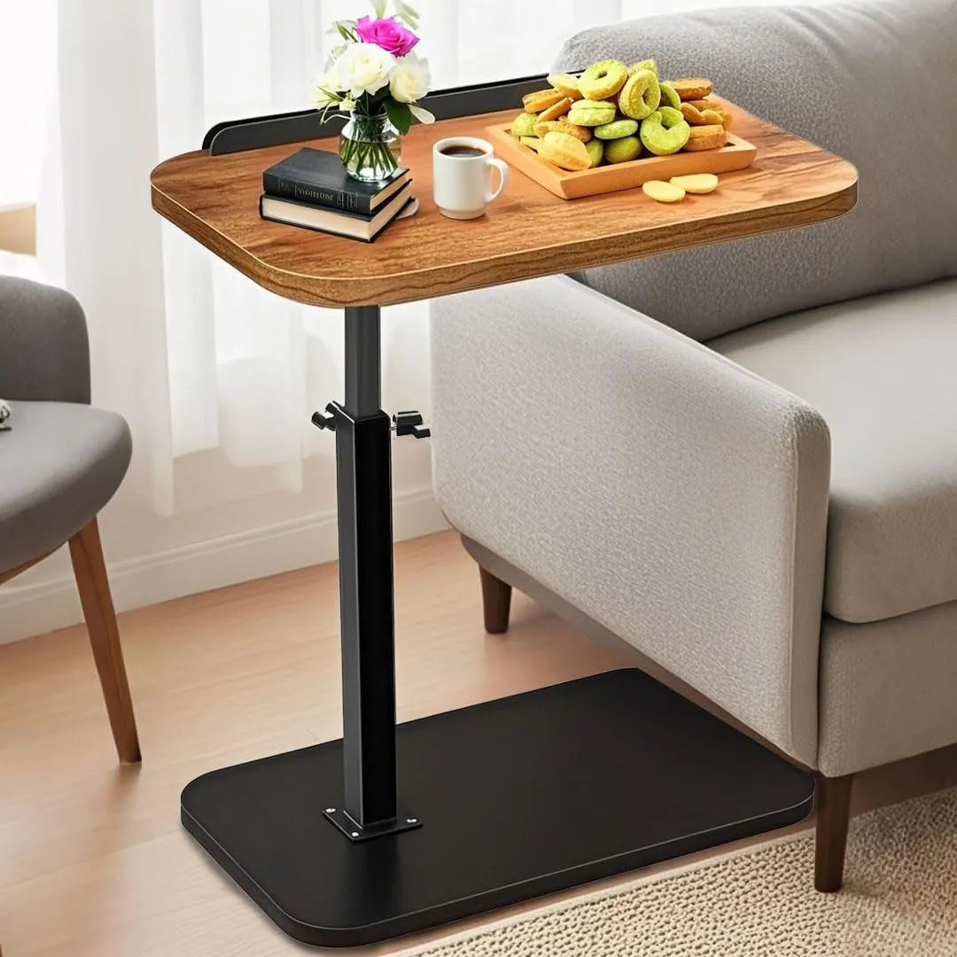 C Shaped End Table Adjustable Height,Laptop-Table for Couch、Bed、Reading Nook,C Shaped End for Couch,360°Swivel TV Tray Coffee Table,That Slide Under-Rustic Brown