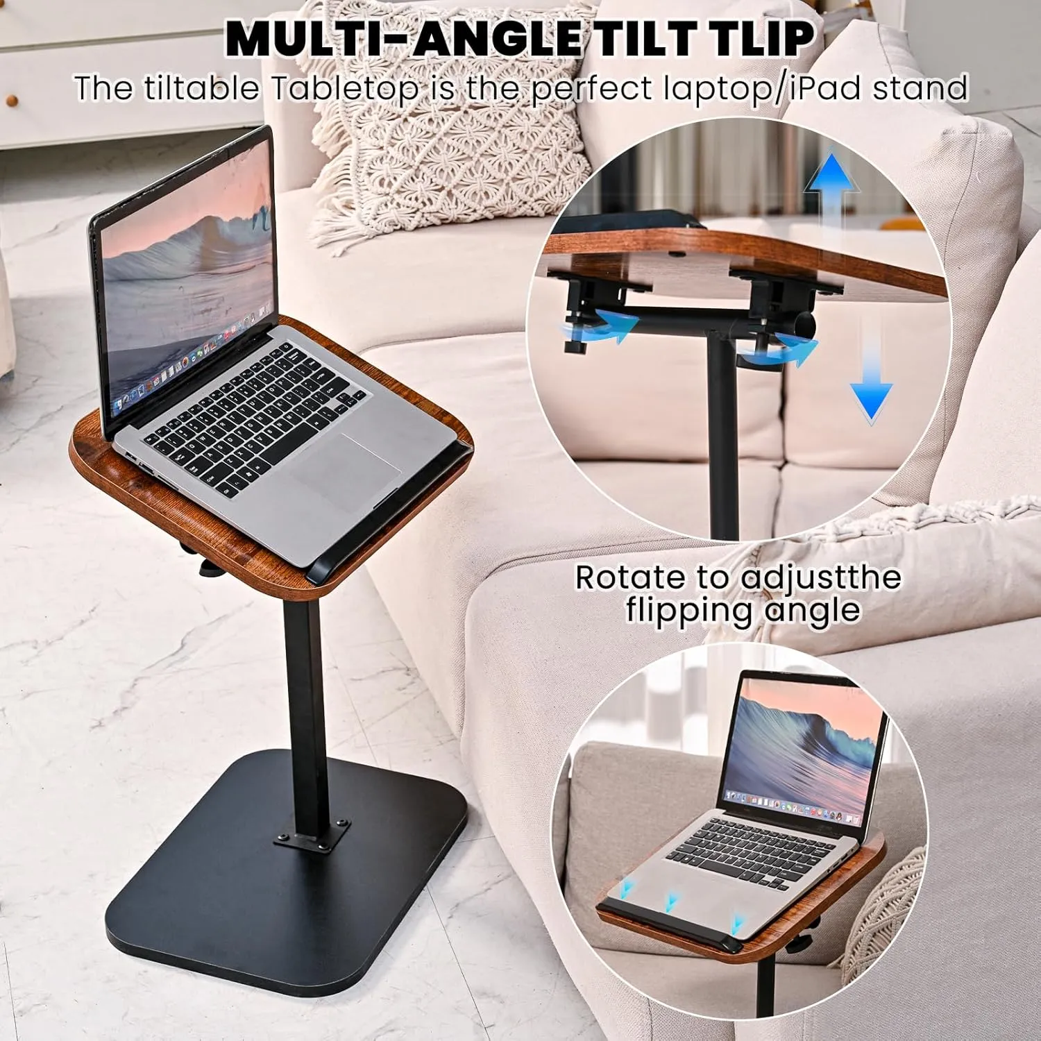 C Shaped End Table Adjustable Height,Laptop-Table for Couch、Bed、Reading Nook,C Shaped End for Couch,360°Swivel TV Tray Coffee Table,That Slide Under-Rustic Brown