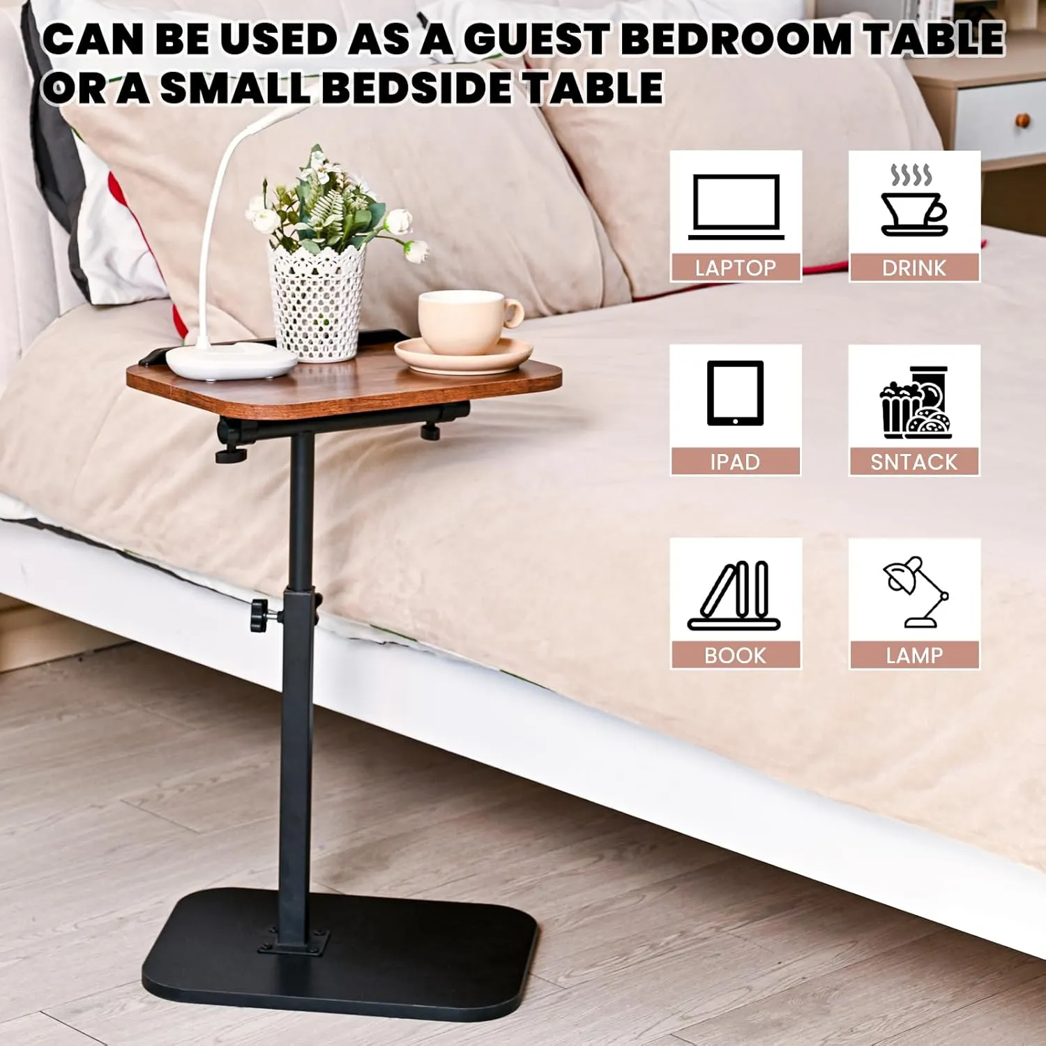 C Shaped End Table Adjustable Height,Laptop-Table for Couch、Bed、Reading Nook,C Shaped End for Couch,360°Swivel TV Tray Coffee Table,That Slide Under-Rustic Brown