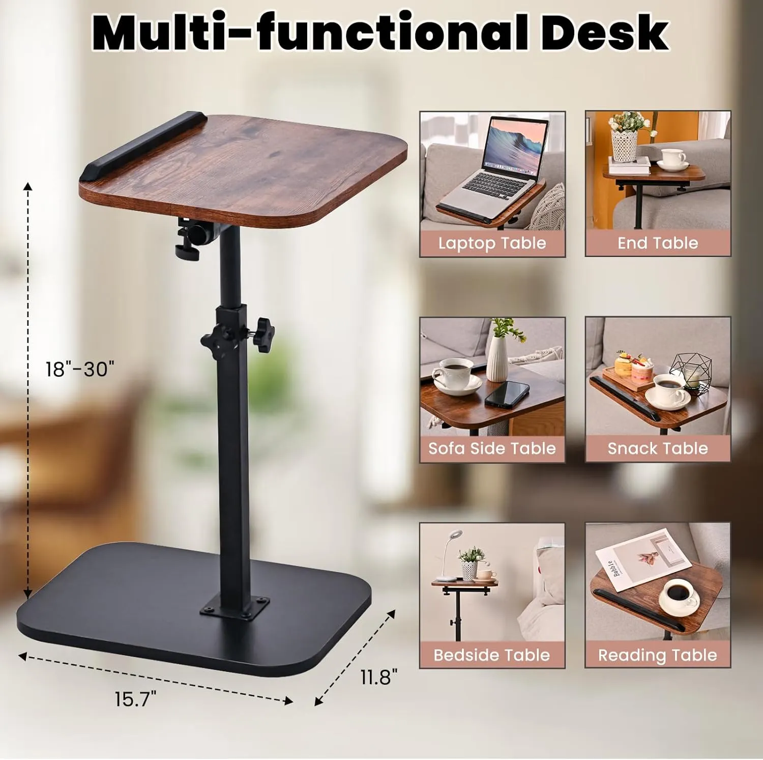 C Shaped End Table Adjustable Height,Laptop-Table for Couch、Bed、Reading Nook,C Shaped End for Couch,360°Swivel TV Tray Coffee Table,That Slide Under-Rustic Brown