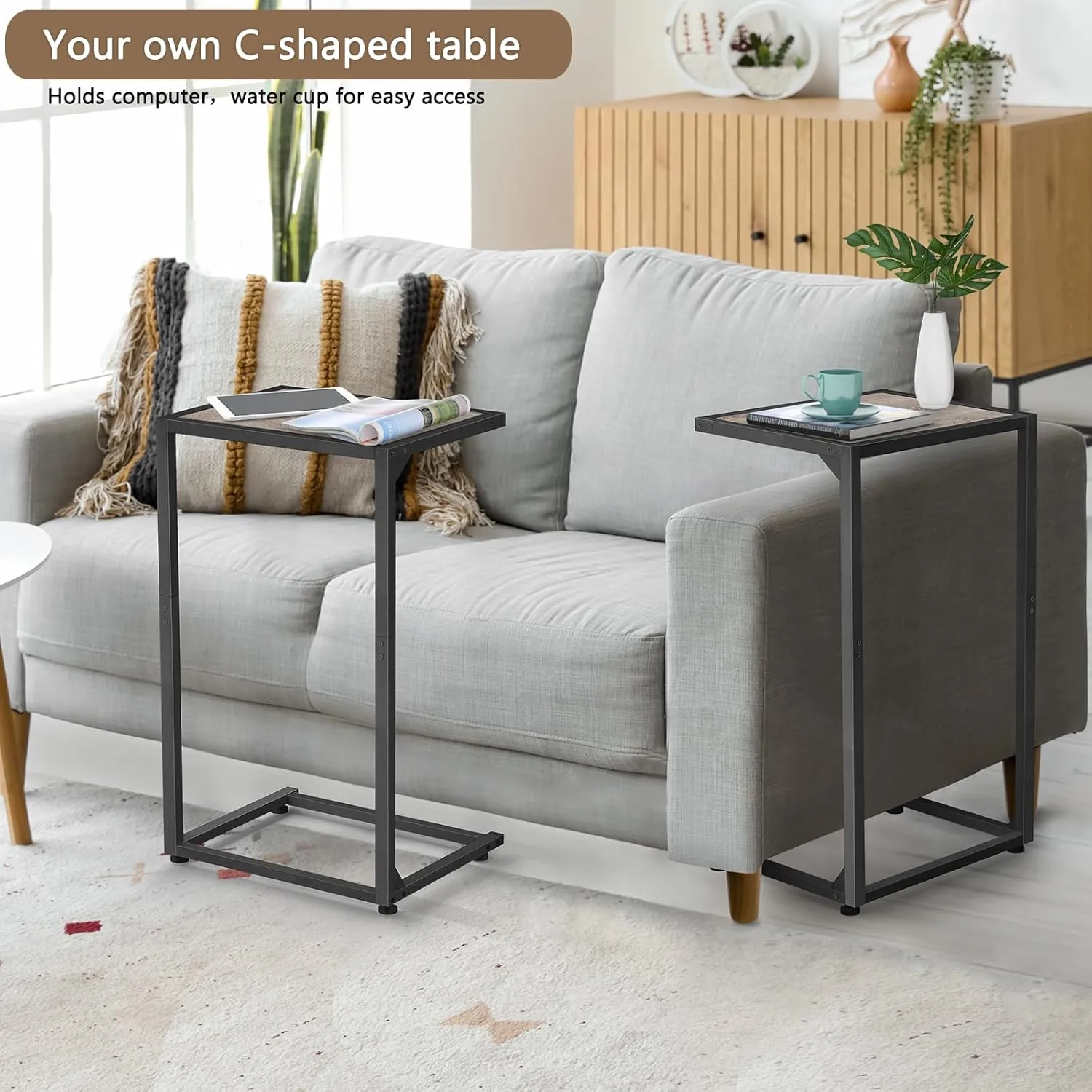 C Shaped End Table Set of 2, Snack Side Table for Sofa, Couch Tables That Slide Under, C Tables for Couch, Small TV Tray Table for Living Room, Bedroom, Light Oak