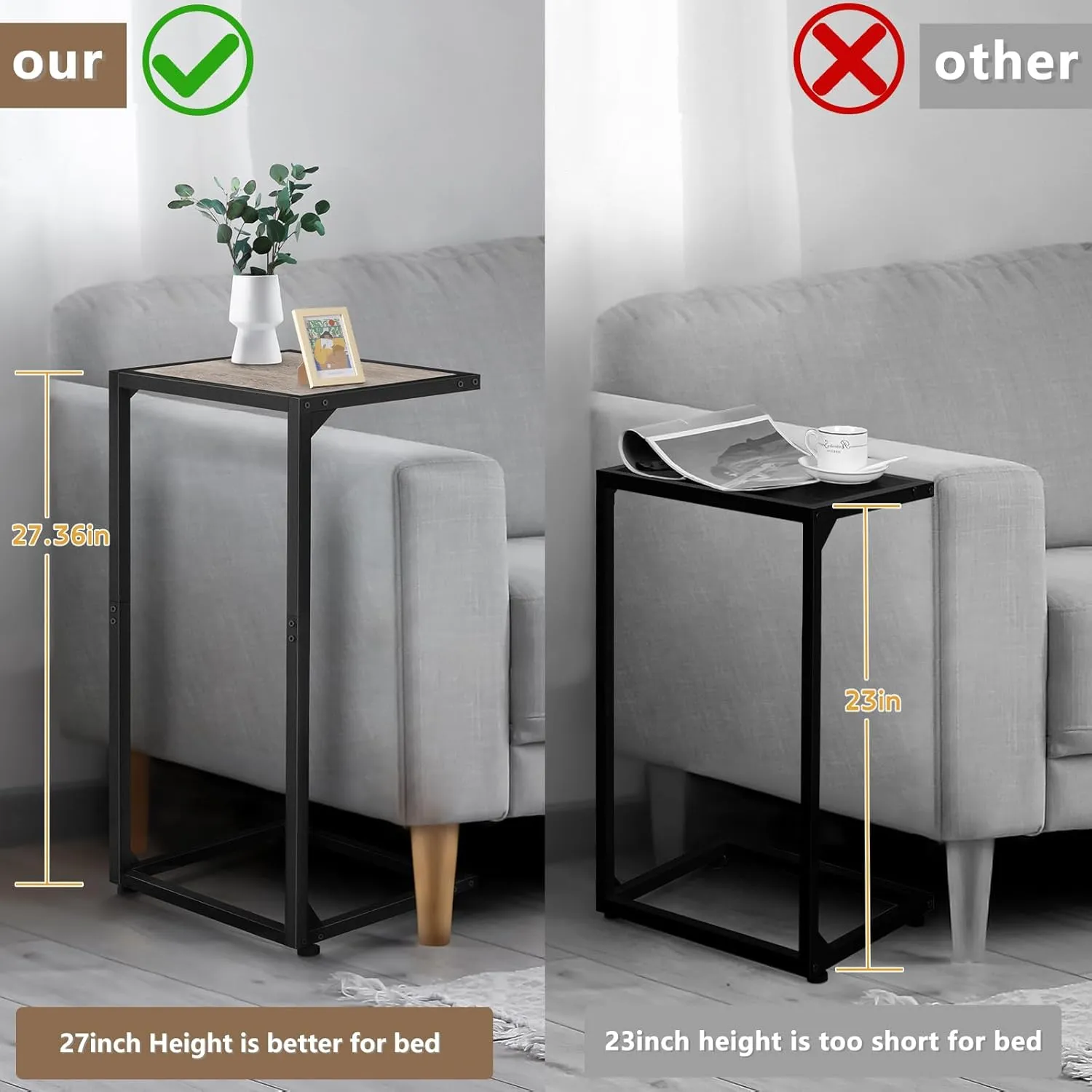 C Shaped End Table Set of 2, Snack Side Table for Sofa, Couch Tables That Slide Under, C Tables for Couch, Small TV Tray Table for Living Room, Bedroom, Light Oak