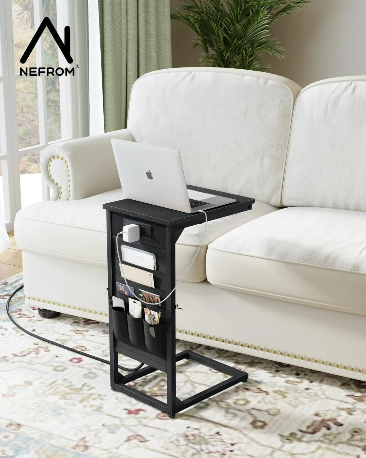 C-Shaped End Table with Charging Station, Small Couch Side Table with Storage Bag, Sofa Table for Living Room, Bedroom, Bedside ET-BK-1