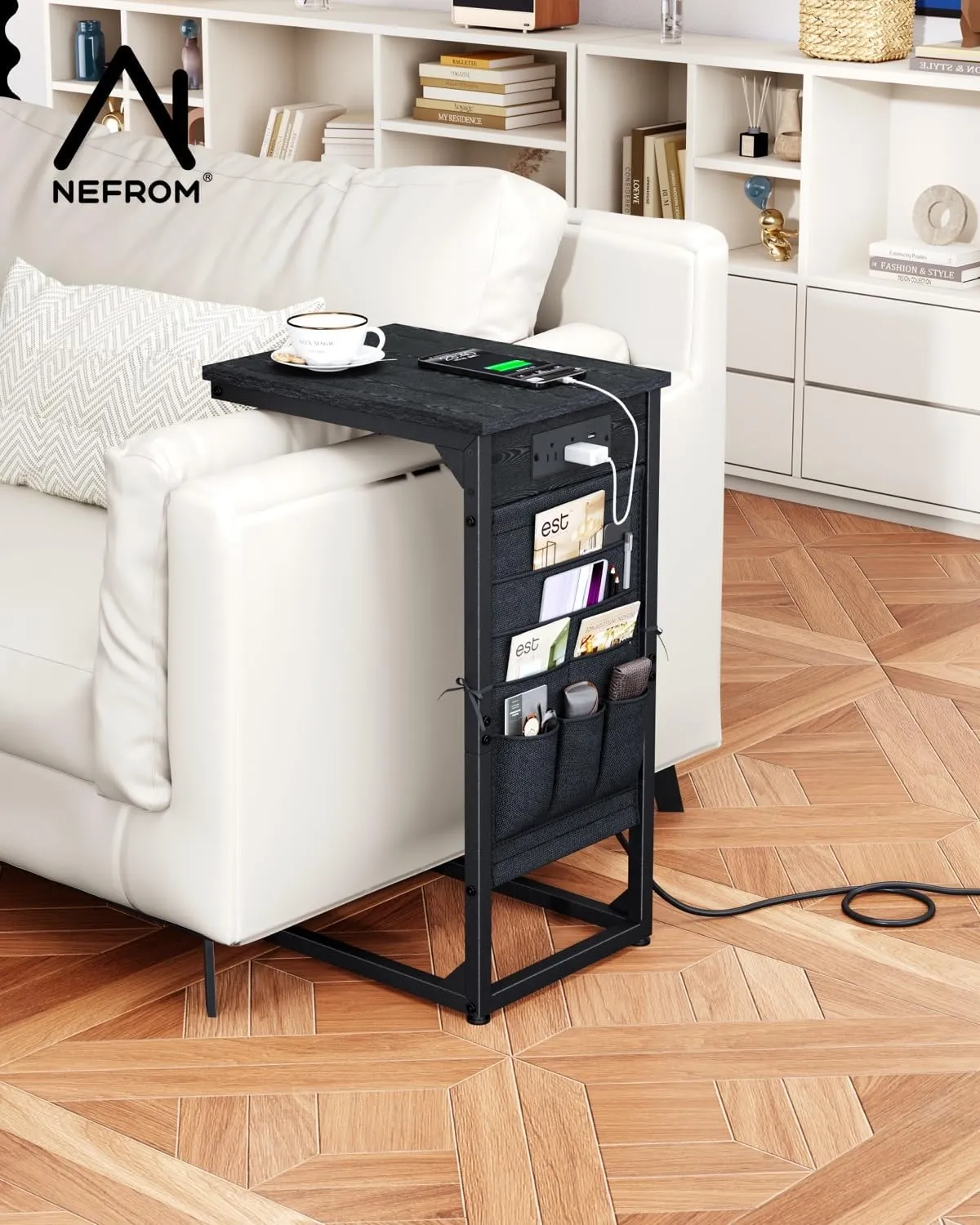 C-Shaped End Table with Charging Station, Small Couch Side Table with Storage Bag, Sofa Table for Living Room, Bedroom, Bedside ET-BK-1