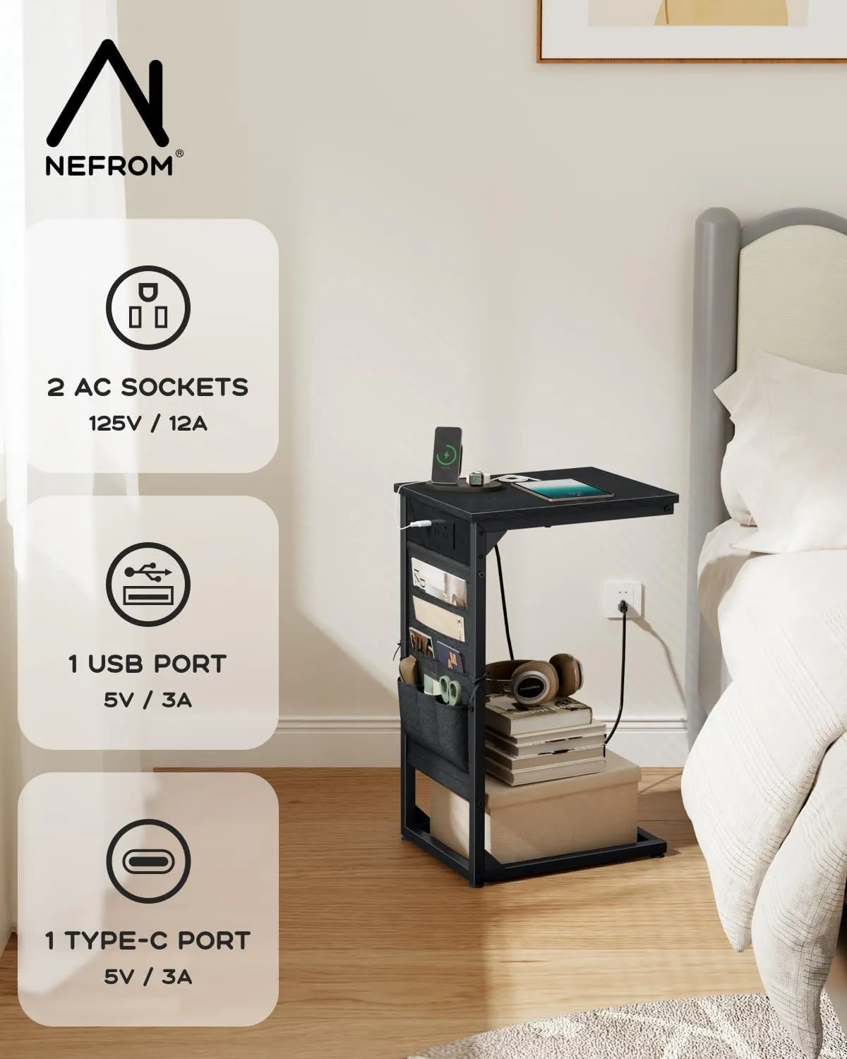 C-Shaped End Table with Charging Station, Small Couch Side Table with Storage Bag, Sofa Table for Living Room, Bedroom, Bedside ET-BK-1