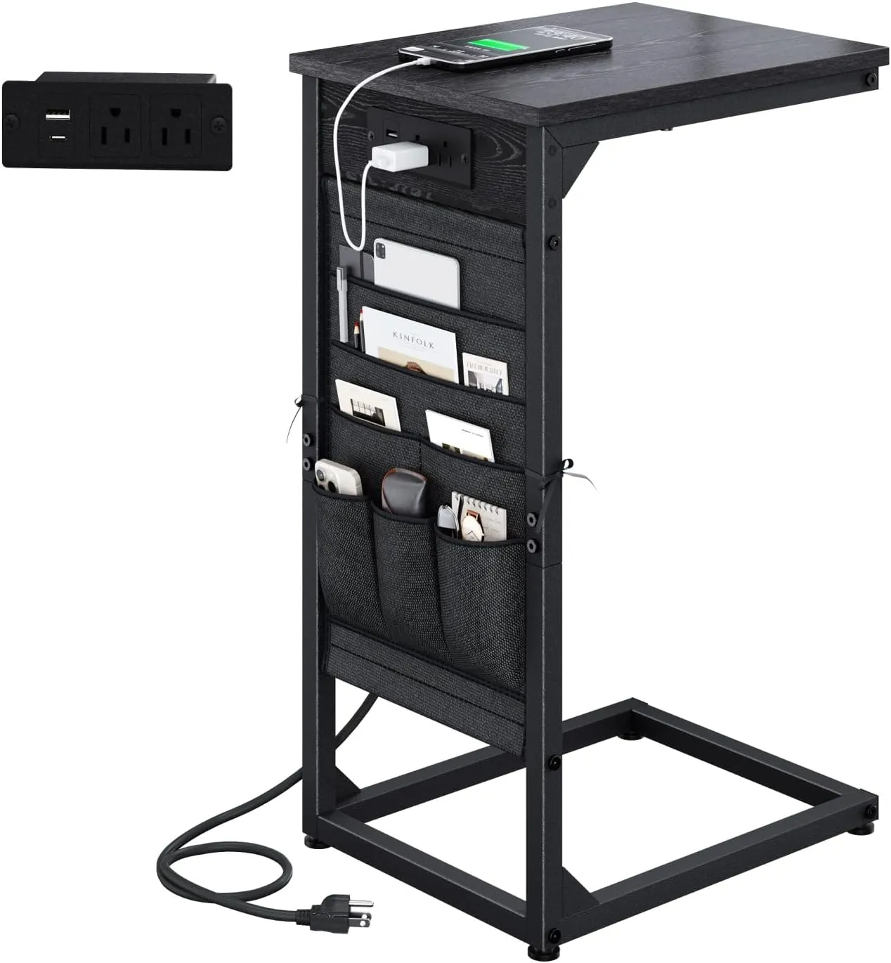 C-Shaped End Table with Charging Station, Small Couch Side Table with Storage Bag, Sofa Table for Living Room, Bedroom, Bedside ET-BK-1