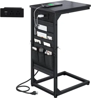 C-Shaped End Table with Charging Station, Small Couch Side Table with Storage Bag, Sofa Table for Living Room, Bedroom, Bedside ET-BK-1