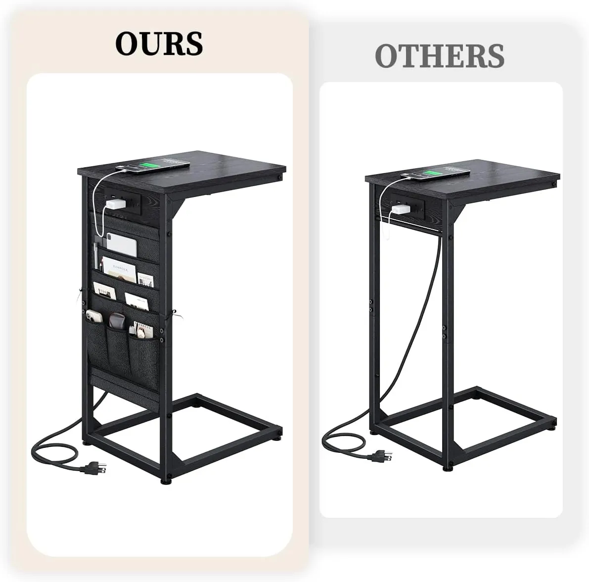 C-Shaped End Table with Charging Station, Small Couch Side Table with Storage Bag, Sofa Table for Living Room, Bedroom, Bedside ET-BK-1