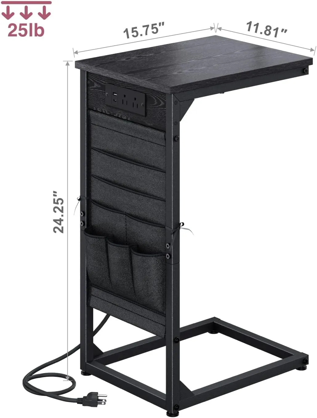 C-Shaped End Table with Charging Station, Small Couch Side Table with Storage Bag, Sofa Table for Living Room, Bedroom, Bedside ET-BK-1