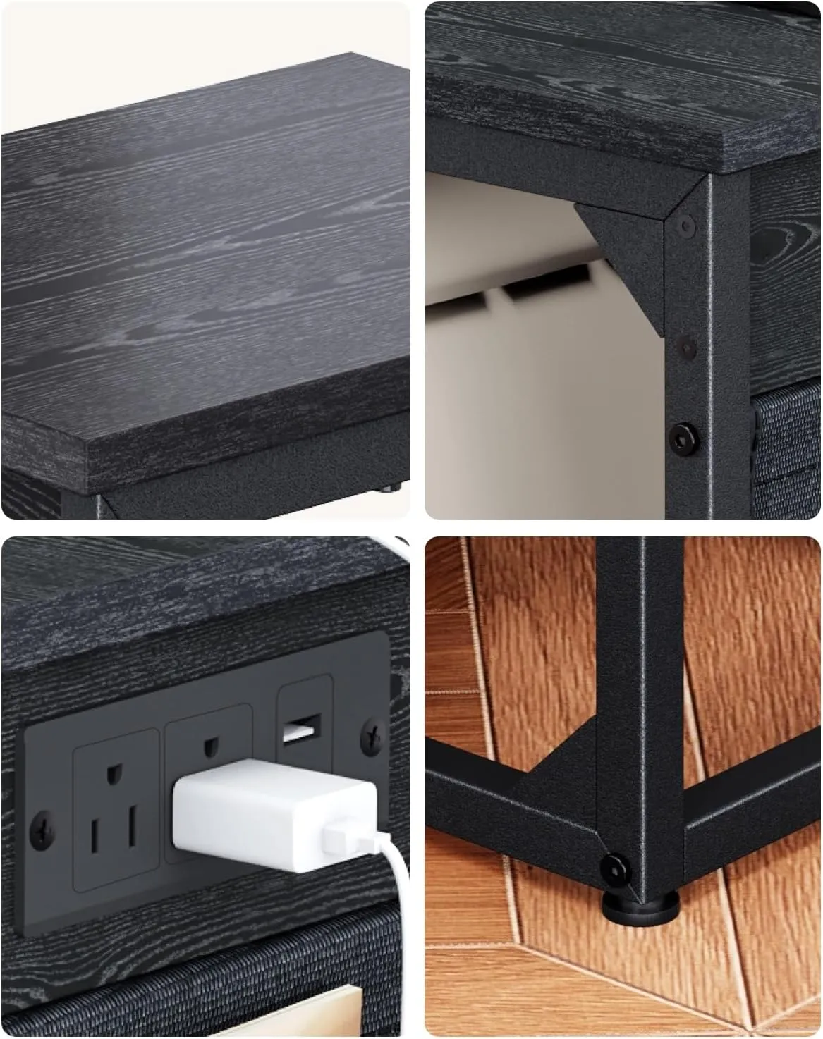 C-Shaped End Table with Charging Station, Small Couch Side Table with Storage Bag, Sofa Table for Living Room, Bedroom, Bedside ET-BK-1