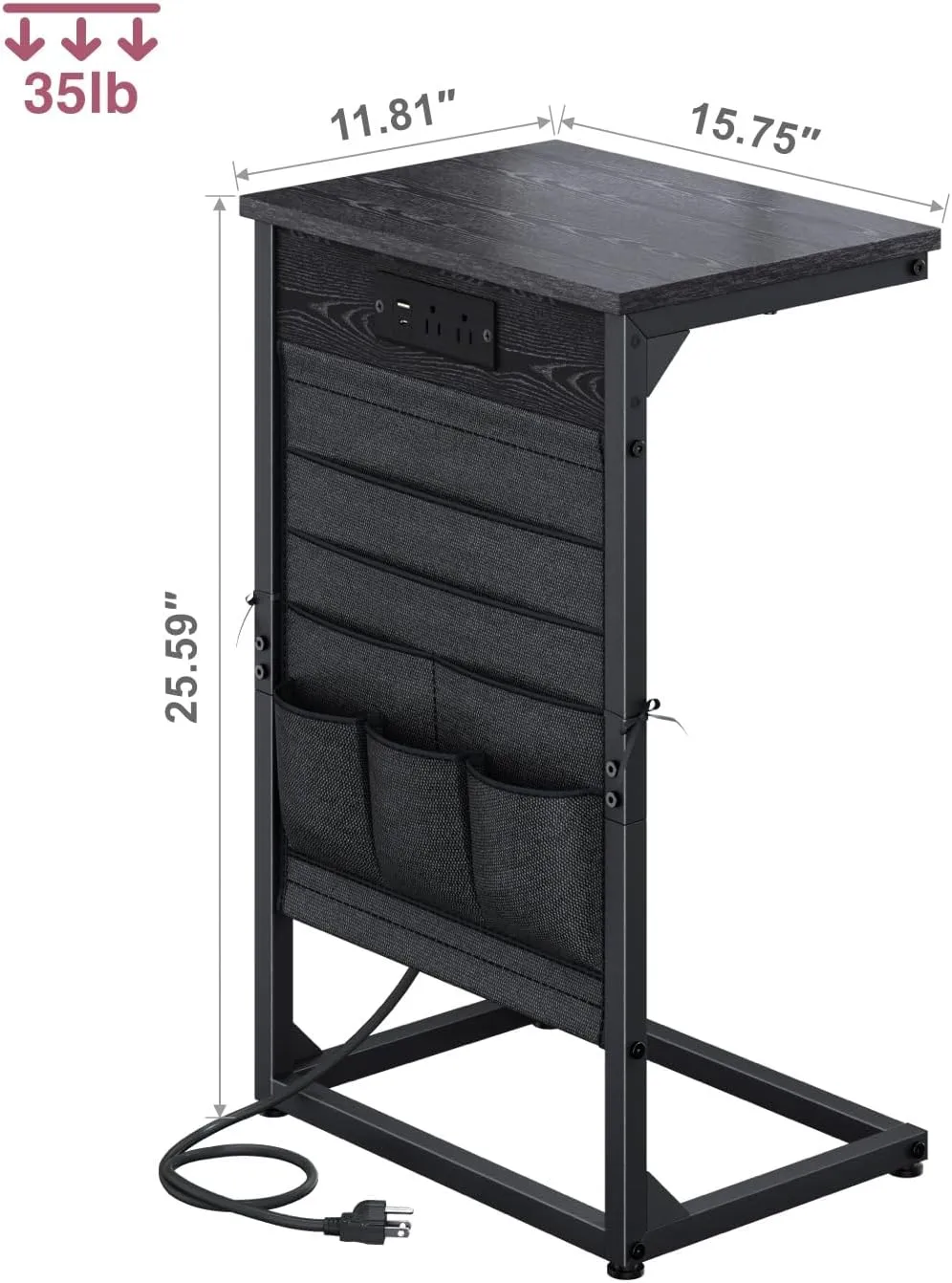 C-Shaped End Table with Charging Station, Small Couch Side Table with Storage Bag, Sofa Table for Living Room, Bedroom, Bedside ET-BK-W1