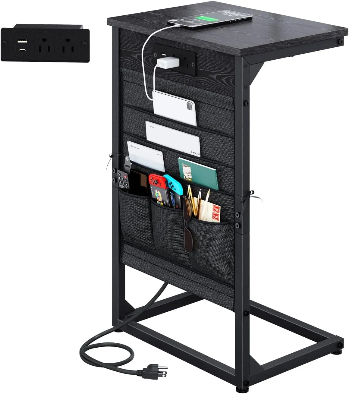 C-Shaped End Table with Charging Station, Small Couch Side Table with Storage Bag, Sofa Table for Living Room, Bedroom, Bedside ET-BK-W1