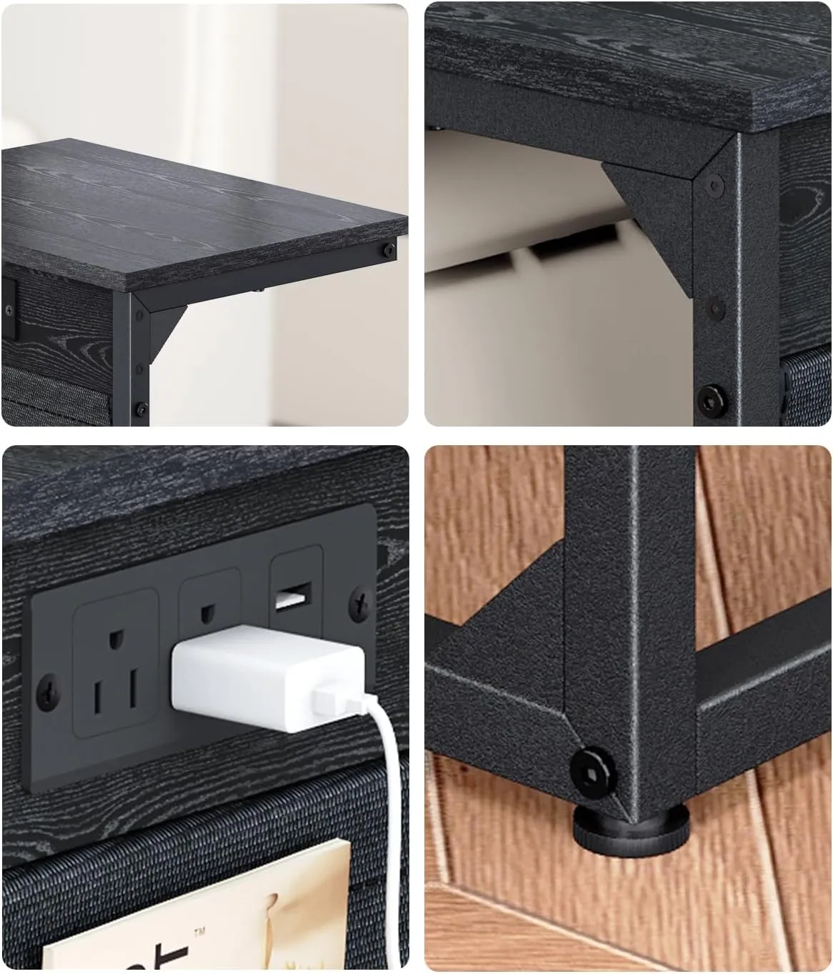C-Shaped End Table with Charging Station, Small Couch Side Table with Storage Bag, Sofa Table for Living Room, Bedroom, Bedside ET-BK-W1
