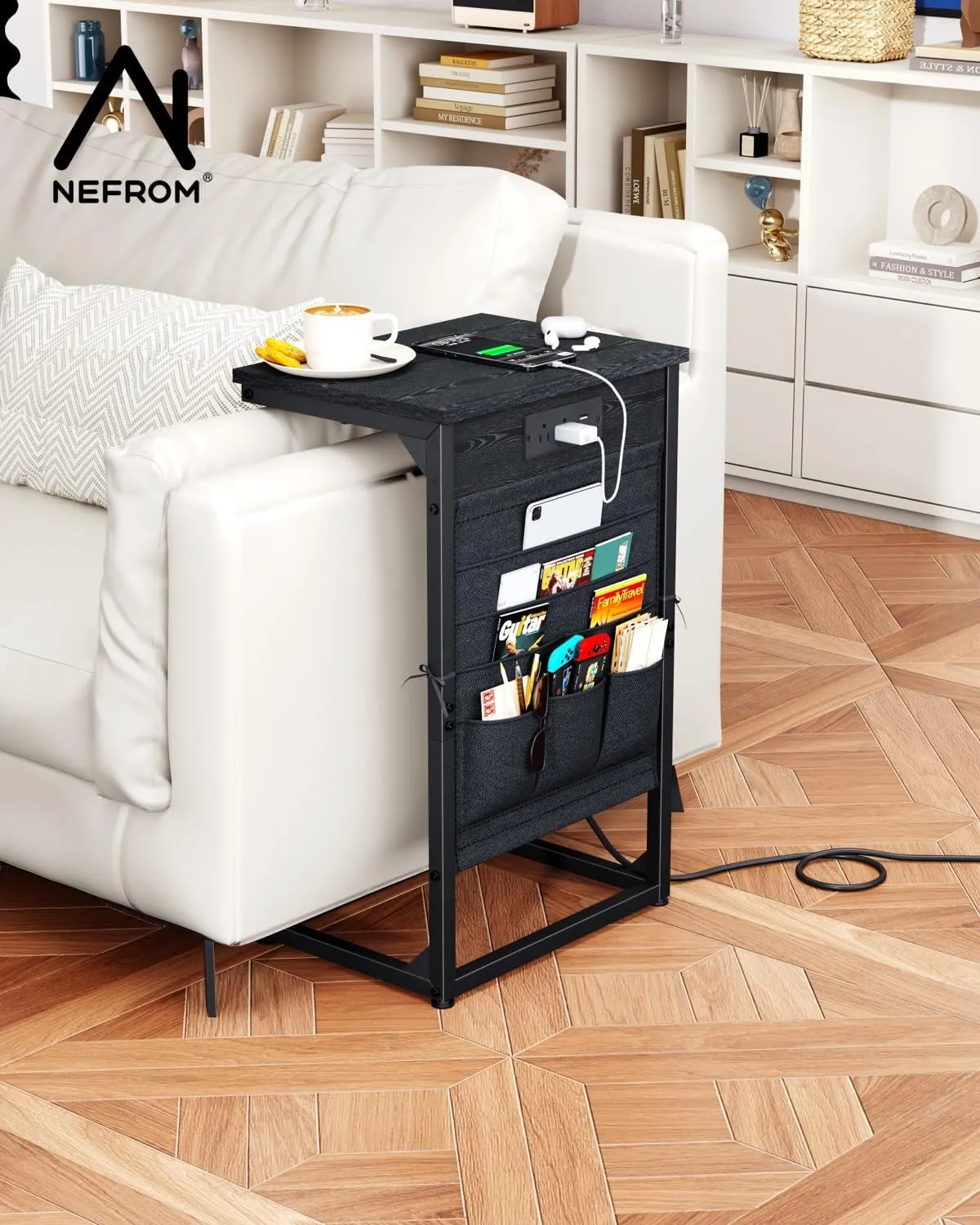 C-Shaped End Table with Charging Station, Small Couch Side Table with Storage Bag, Sofa Table for Living Room, Bedroom, Bedside ET-BK-W1