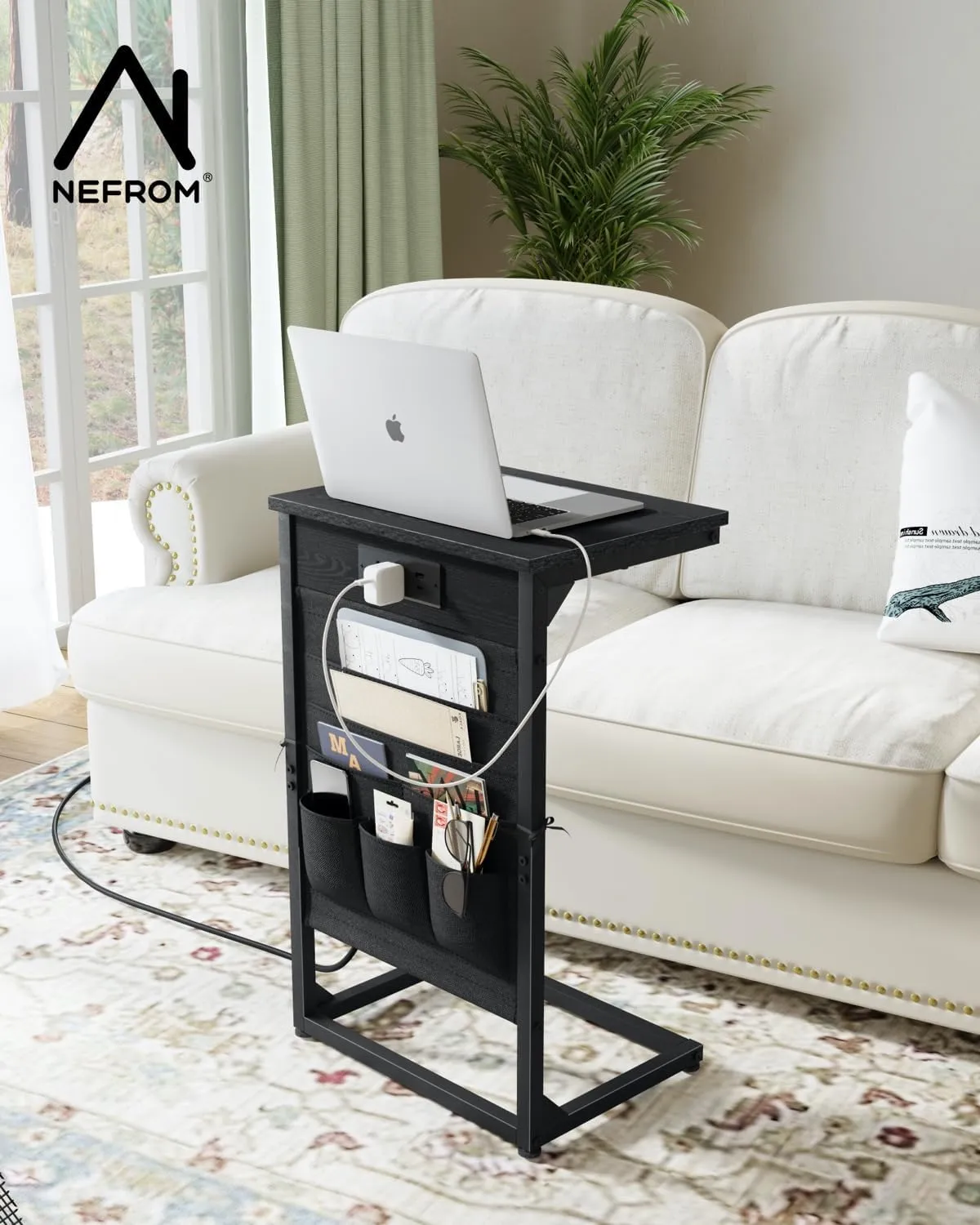 C-Shaped End Table with Charging Station, Small Couch Side Table with Storage Bag, Sofa Table for Living Room, Bedroom, Bedside ET-BK-W1