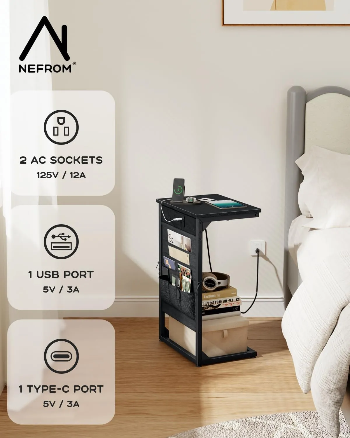 C-Shaped End Table with Charging Station, Small Couch Side Table with Storage Bag, Sofa Table for Living Room, Bedroom, Bedside ET-BK-W1