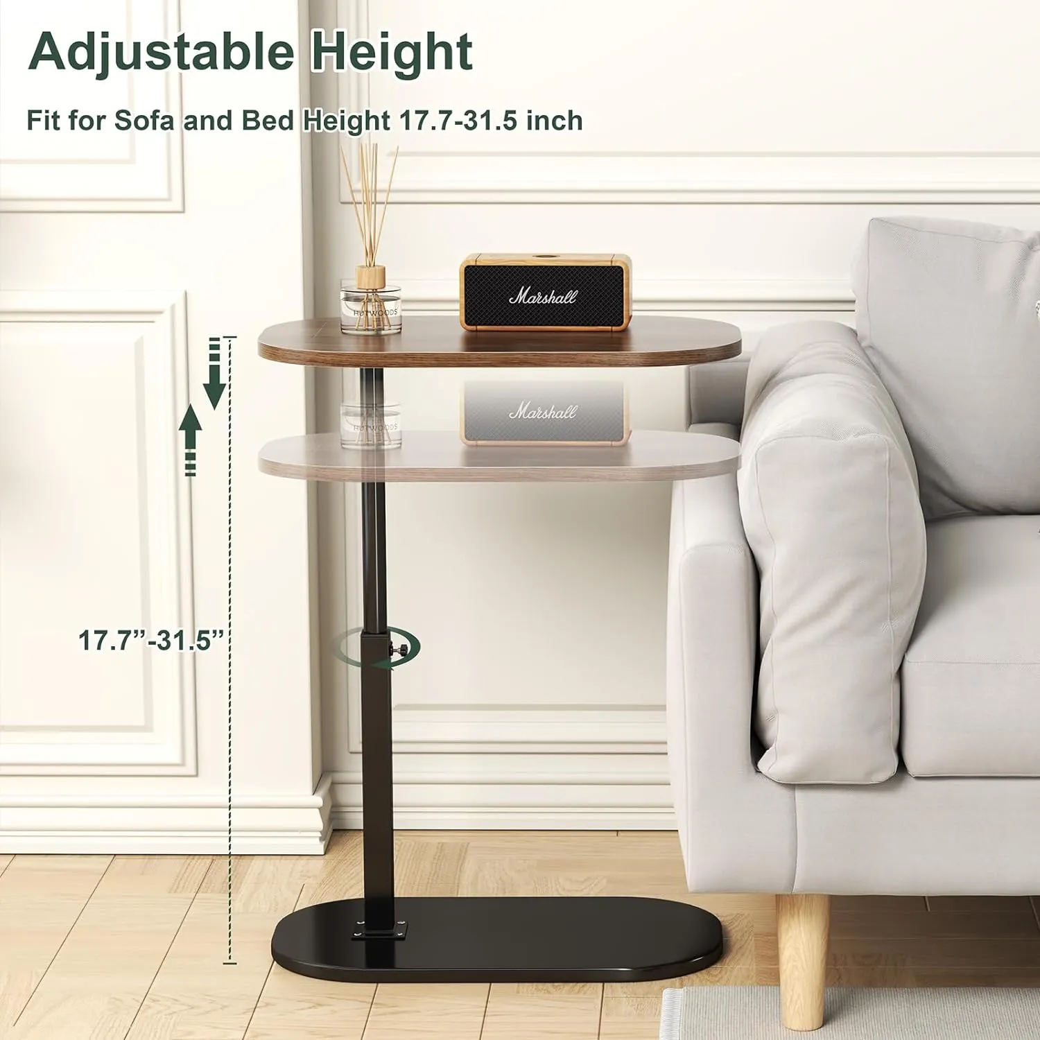 C Shaped Side Table, Adjustable Height C Shaped End Table, 360°Swivel Couch Side Tables That Slide Under, Modern Small Coffee C Table End Table for Sofa/Bed/Bathtub, Rotating Tabletop (Walnut)
