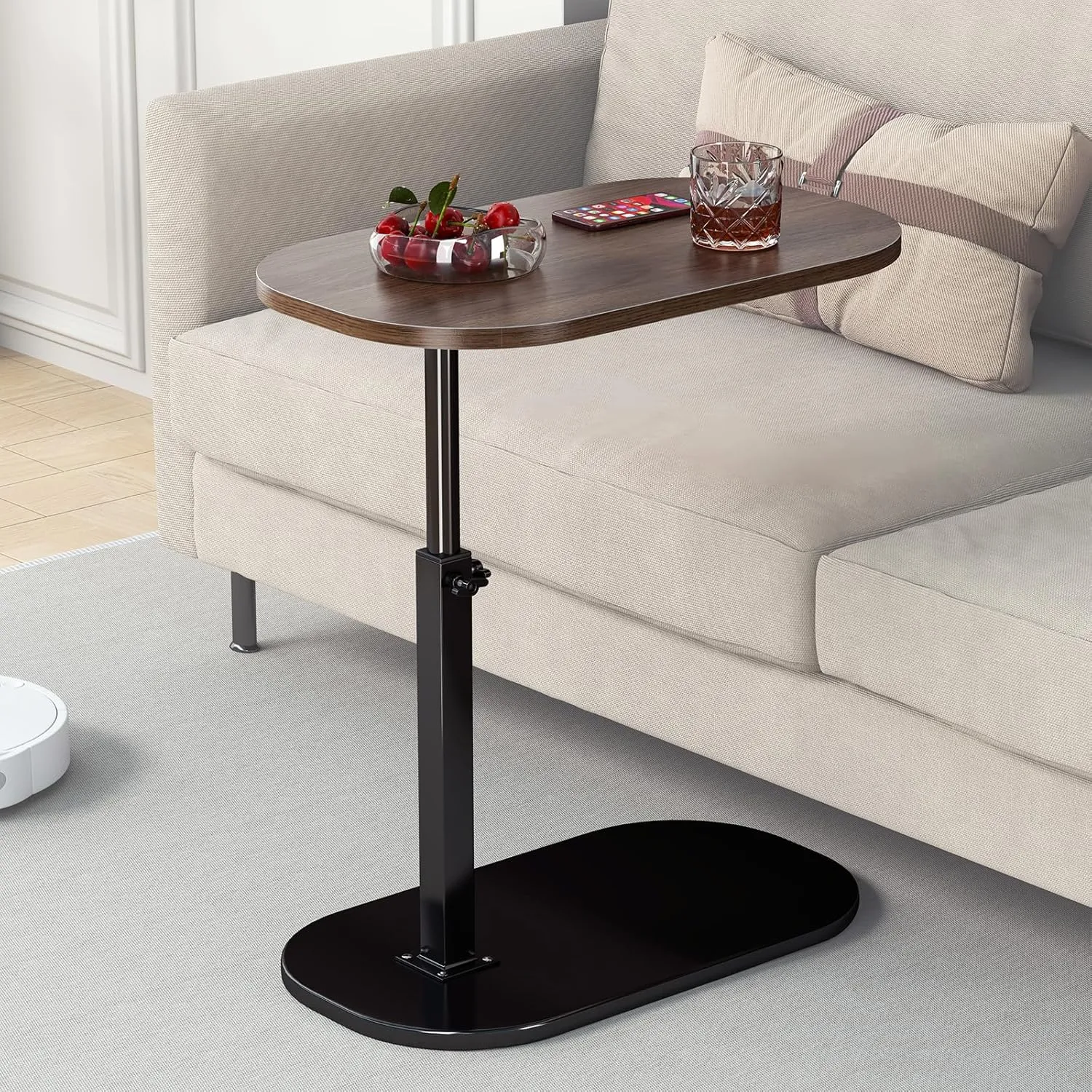 C Shaped Side Table, Adjustable Height C Shaped End Table, 360°Swivel Couch Side Tables That Slide Under, Modern Small Coffee C Table End Table for Sofa/Bed/Bathtub, Rotating Tabletop (Walnut)