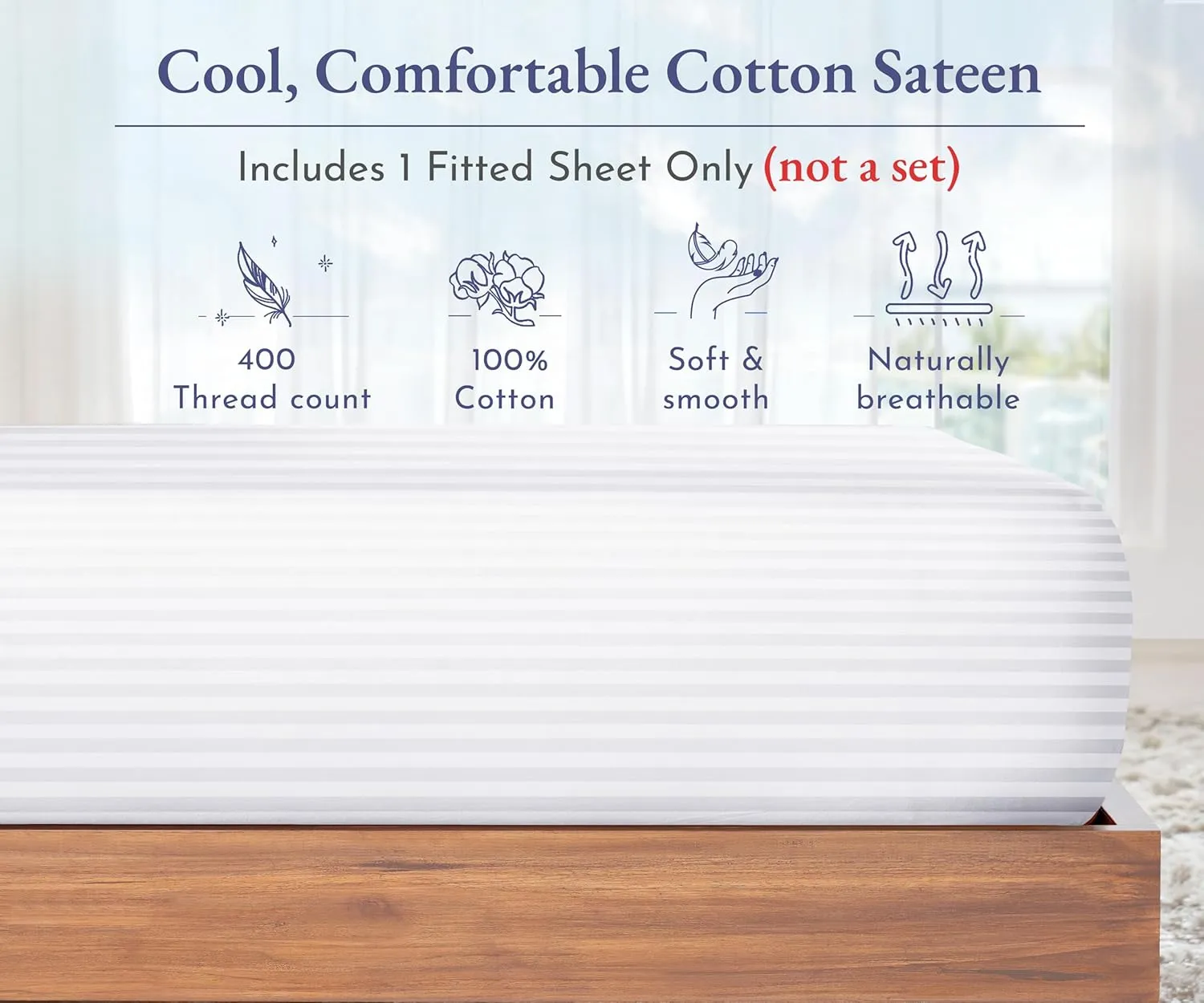 California Design Den King Fitted Sheet Only Deep Pocket - Soft 400 Thread Count Sateen, Natural 100% Cotton Fitted Sheet King, No-Pop Off Elastic, Cool and Durable - Striped White