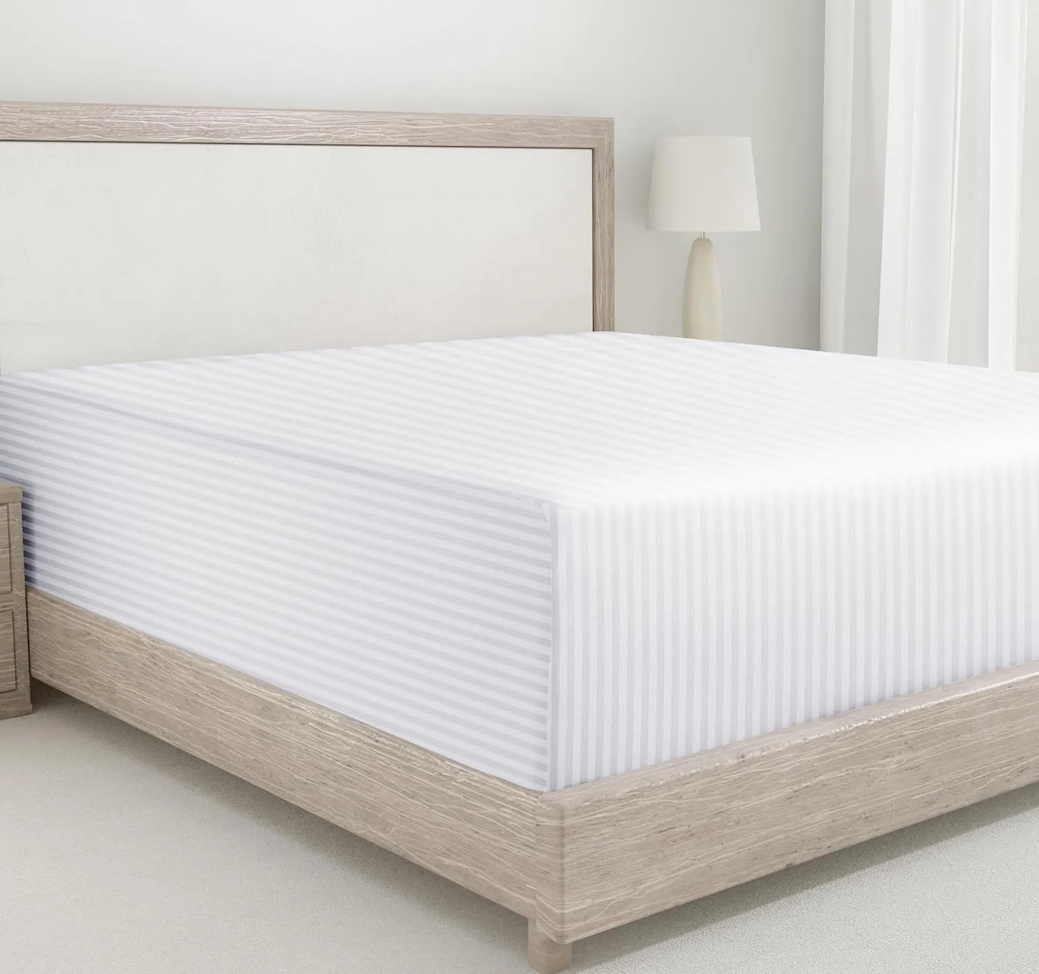 California Design Den King Fitted Sheet Only Deep Pocket - Soft 400 Thread Count Sateen, Natural 100% Cotton Fitted Sheet King, No-Pop Off Elastic, Cool and Durable - Striped White