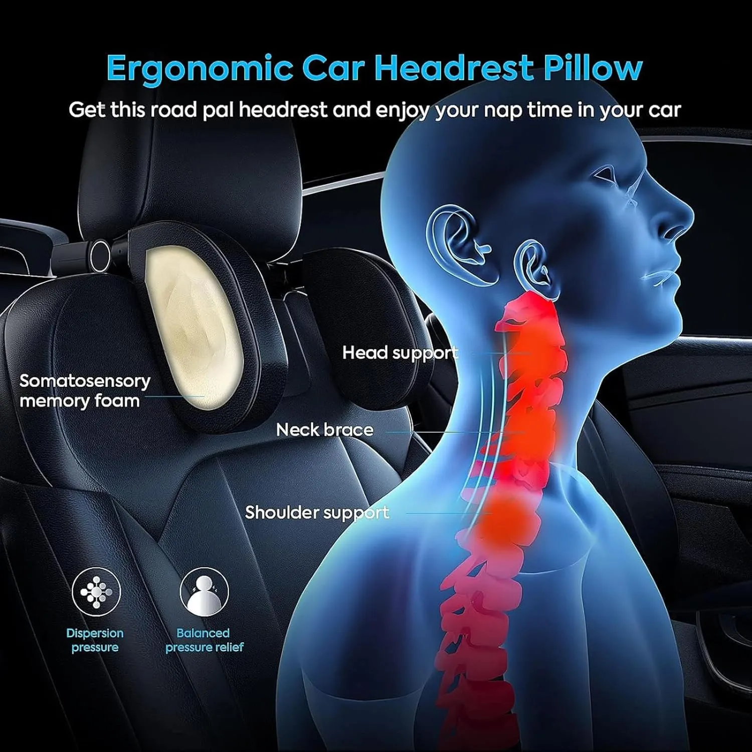 Car Headrest & Lumbar Support Cushion for Dacia Lodgy Duster Ateca Born 2012-2025, Ergonomic Automotive Seat Neck Pillow Lumbar Backrest Pad Neck Back Pain Relief Detachable Washable, Brown
