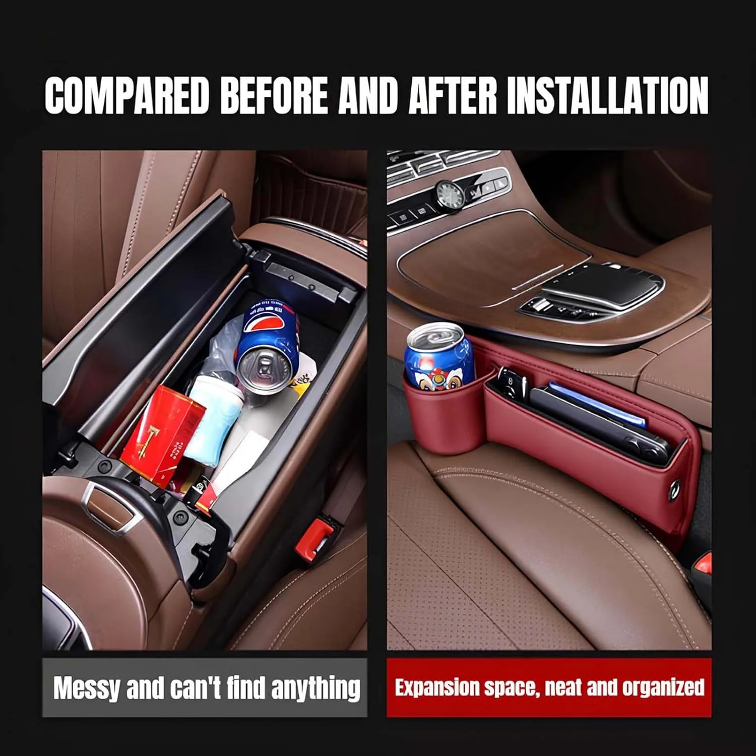 Car Leather Cup Holder Gap Bag, Custom Seat Gap Storage Box with Logo/Text, Adjustable Car Seat Storage Box, Leather Car Seat Gap Organizer, for Glasses Phones Keys and Cards(Driver Side, Black)