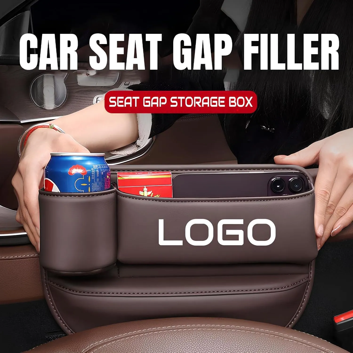 Car Leather Cup Holder Gap Bag, Custom Seat Gap Storage Box with Logo/Text, Adjustable Car Seat Storage Box, Leather Car Seat Gap Organizer, for Glasses Phones Keys and Cards(Driver Side, Black)