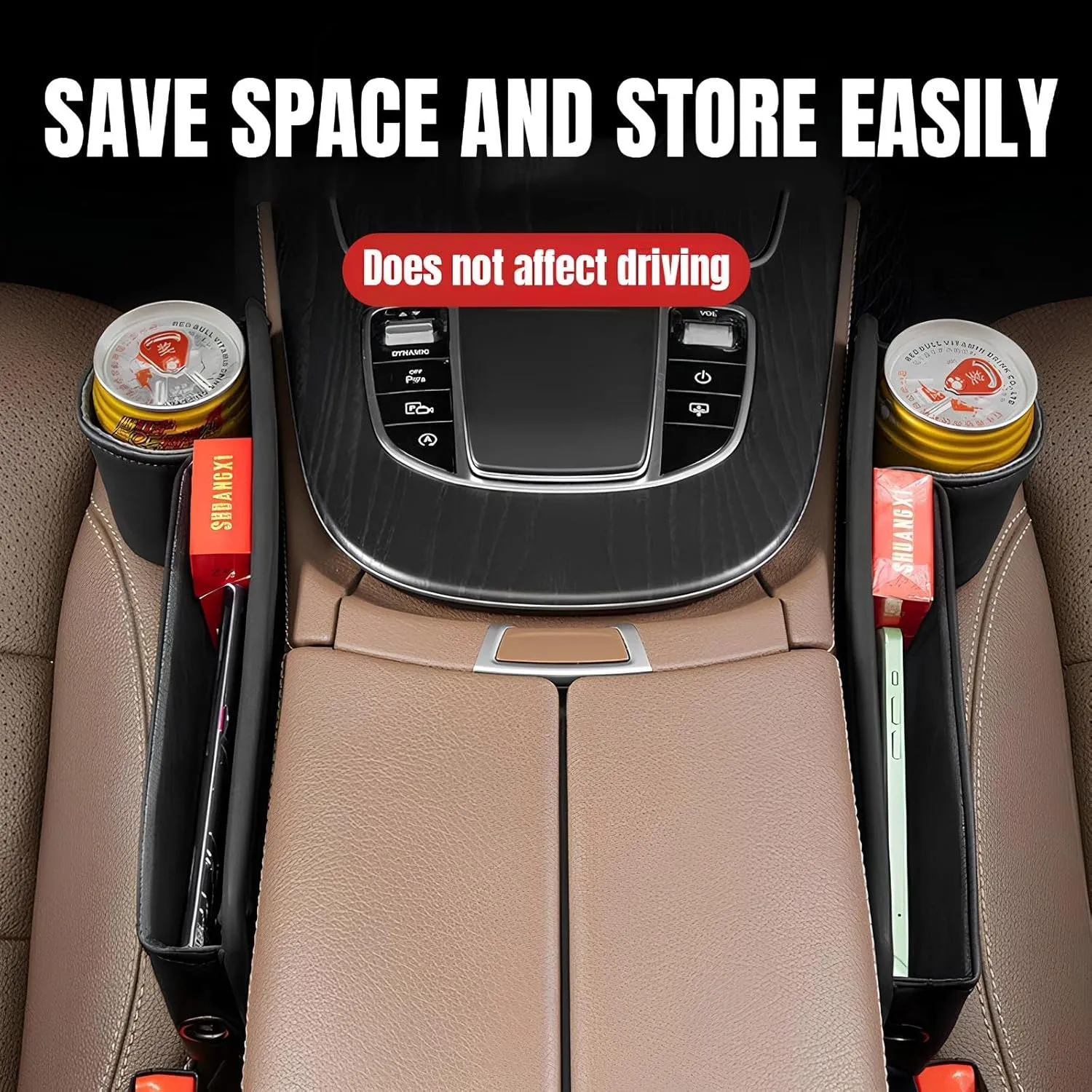 Car Leather Cup Holder Gap Bag, Custom Seat Gap Storage Box with Logo/Text, Adjustable Car Seat Storage Box, Leather Car Seat Gap Organizer, for Glasses Phones Keys and Cards(Driver Side, Black)