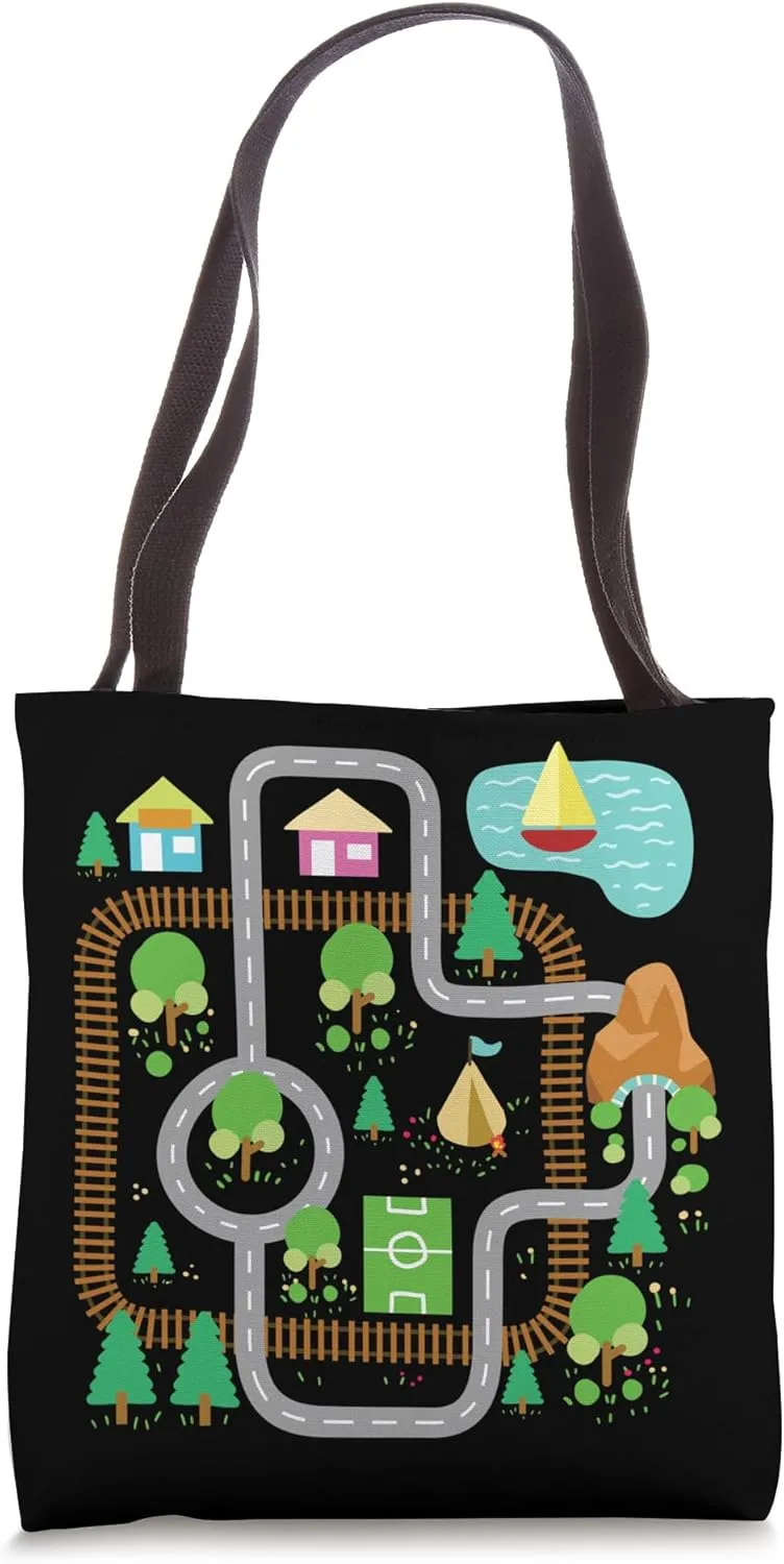 Car Race Train Tracks Boat Road Map City Suburbs Playmat Tote Bag