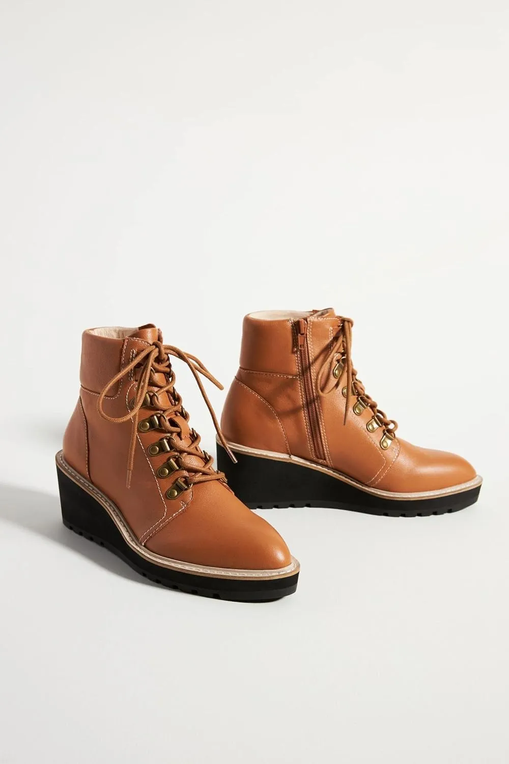 Cecelia New York Geraldine Saddle Leather Lace Up Fur Ankle Welt Detail Boots