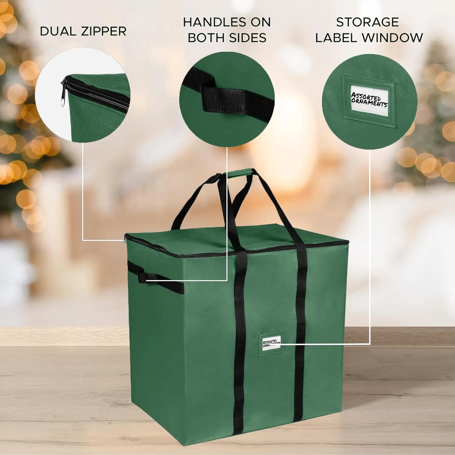 Christmas Extra Large Ornament Storage Container - Box Stores Up to 48 – 6” Ornaments – With 4 Individual Trays -Heavy Duty 600D Tear Resistant Material, Zippered, Adjustable Dividers - Green