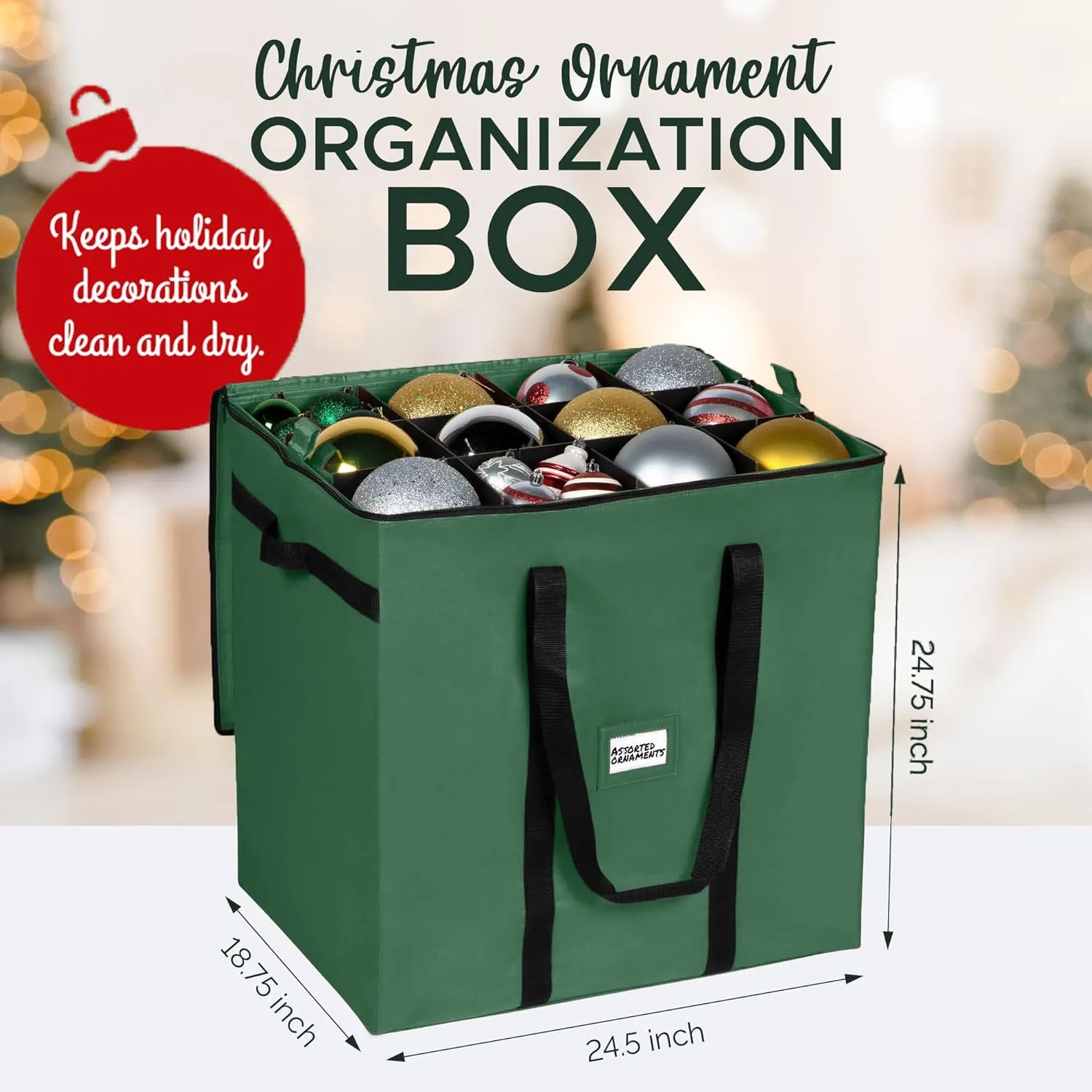 Christmas Extra Large Ornament Storage Container - Box Stores Up to 48 – 6” Ornaments – With 4 Individual Trays -Heavy Duty 600D Tear Resistant Material, Zippered, Adjustable Dividers - Green