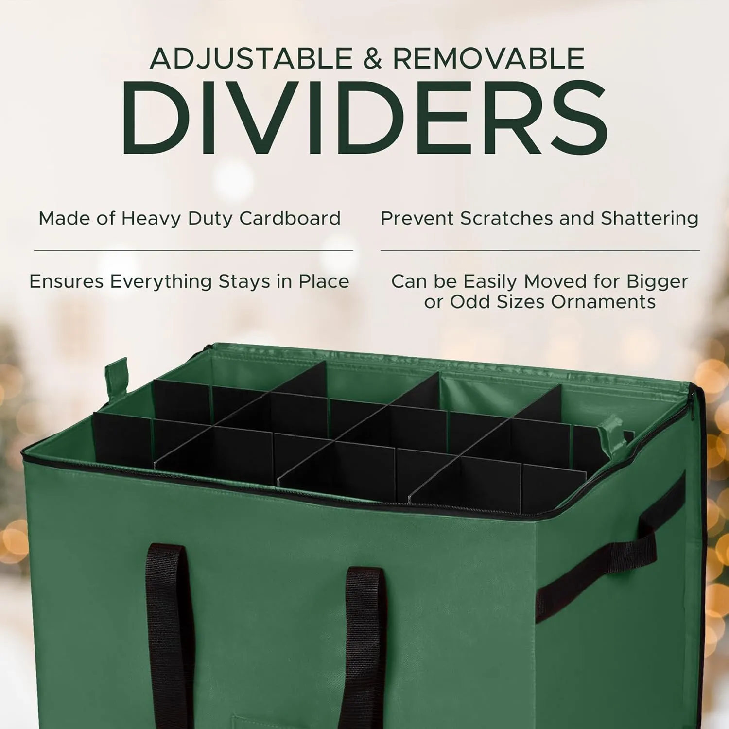 Christmas Extra Large Ornament Storage Container - Box Stores Up to 48 – 6” Ornaments – With 4 Individual Trays -Heavy Duty 600D Tear Resistant Material, Zippered, Adjustable Dividers - Green