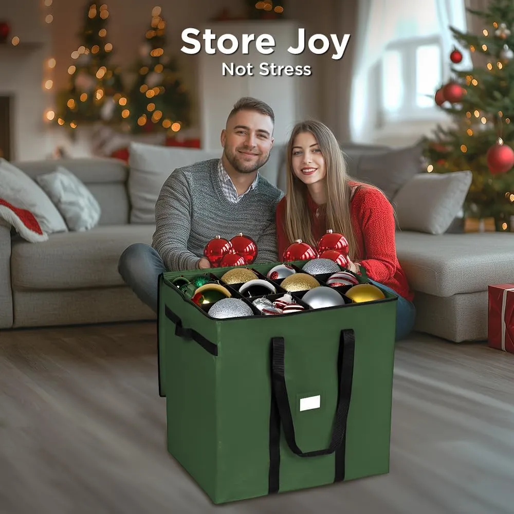 Christmas Extra Large Ornament Storage Container - Box Stores Up to 48 – 6” Ornaments – With 4 Individual Trays -Heavy Duty 600D Tear Resistant Material, Zippered, Adjustable Dividers - Green
