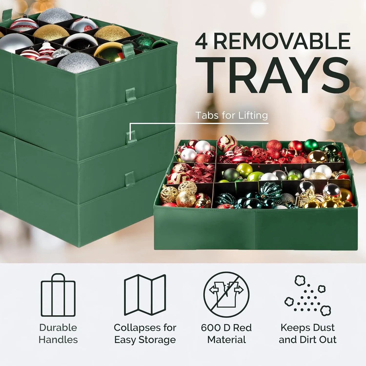 Christmas Extra Large Ornament Storage Container - Box Stores Up to 48 – 6” Ornaments – With 4 Individual Trays -Heavy Duty 600D Tear Resistant Material, Zippered, Adjustable Dividers - Green
