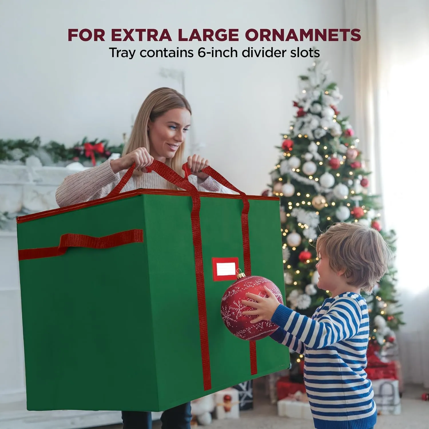 Christmas Extra Large Ornament Storage Container - Box Stores Up to 48 – 6” Ornaments – With 4 Individual Trays -Heavy Duty 600D Tear Resistant Material, Zippered, Adjustable Dividers - Green