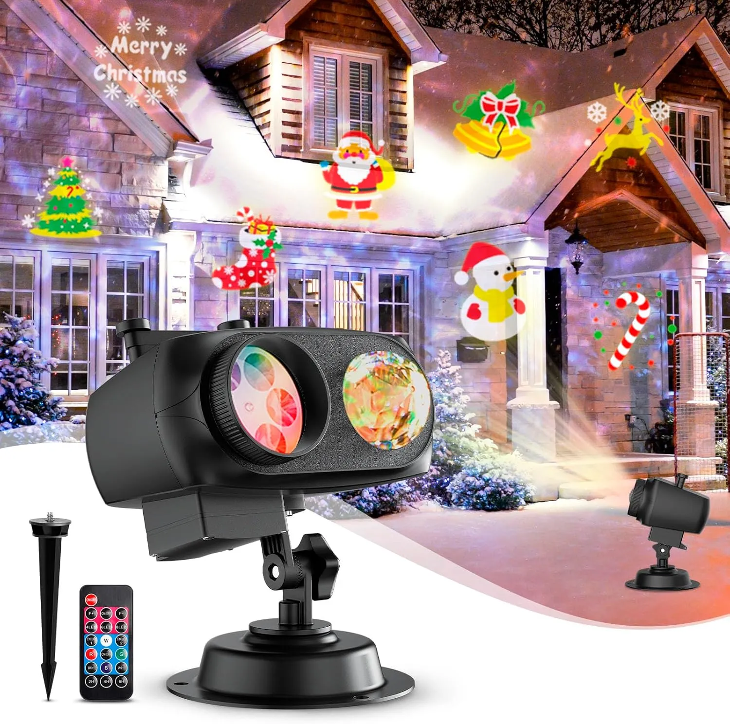 Christmas Projector Lights Outdoor, 2 in 1 HD Effect Holiday Projector, 80 HD Patterns 10 Water Wave Effects, with Remote Control, Timer Memory Function, 10 Slides for Various Festive