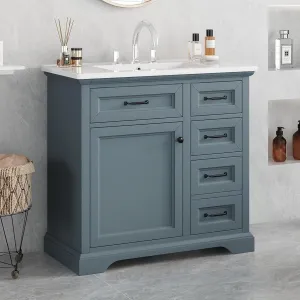 Christopher Knight Home Meril Bathroom Vanity with Ceramic Sink, Wooden Bathroom Storage Cabinet, Pedestal Sink Storage Cabinet, Bathoom Vanity Organizer, Adjustable Door Shelves Drawer, Blue Gray