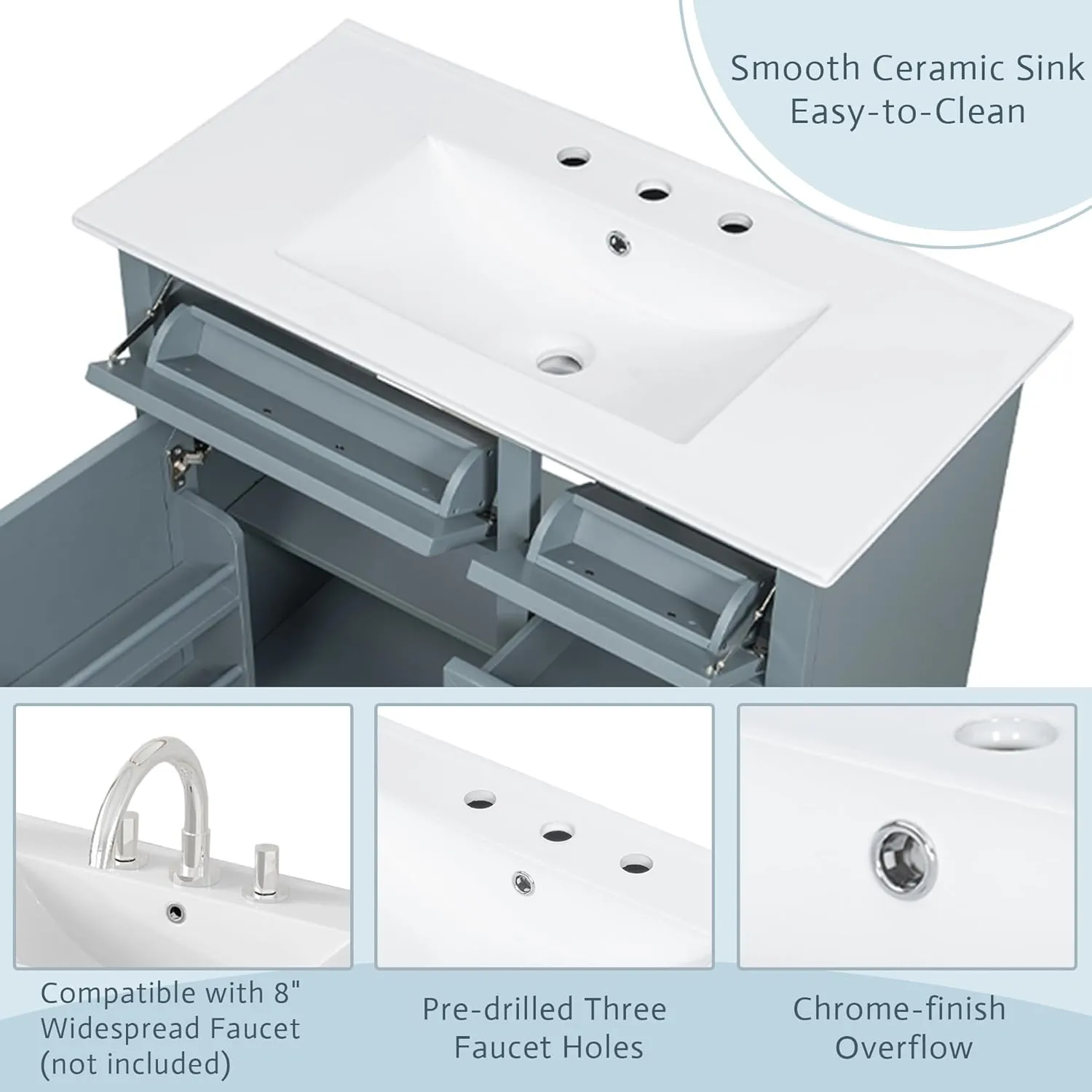 Christopher Knight Home Meril Bathroom Vanity with Ceramic Sink, Wooden Bathroom Storage Cabinet, Pedestal Sink Storage Cabinet, Bathoom Vanity Organizer, Adjustable Door Shelves Drawer, Blue Gray
