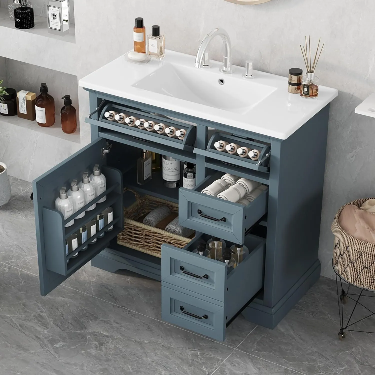 Christopher Knight Home Meril Bathroom Vanity with Ceramic Sink, Wooden Bathroom Storage Cabinet, Pedestal Sink Storage Cabinet, Bathoom Vanity Organizer, Adjustable Door Shelves Drawer, Blue Gray