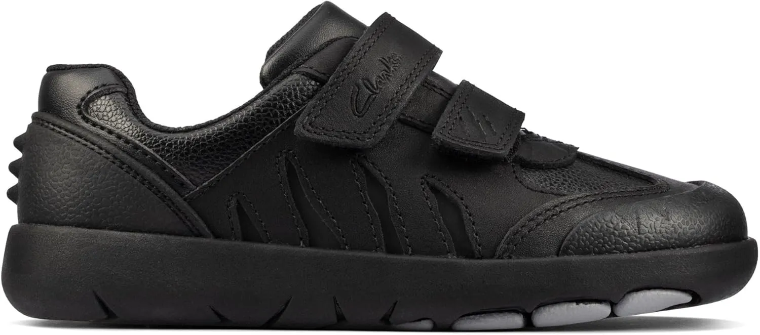 Clarks Boy's Rex Stride Black Leather School Shoes | Riptape Fastening | Dino Inspired | Toe Bumper | Wide Fit Available