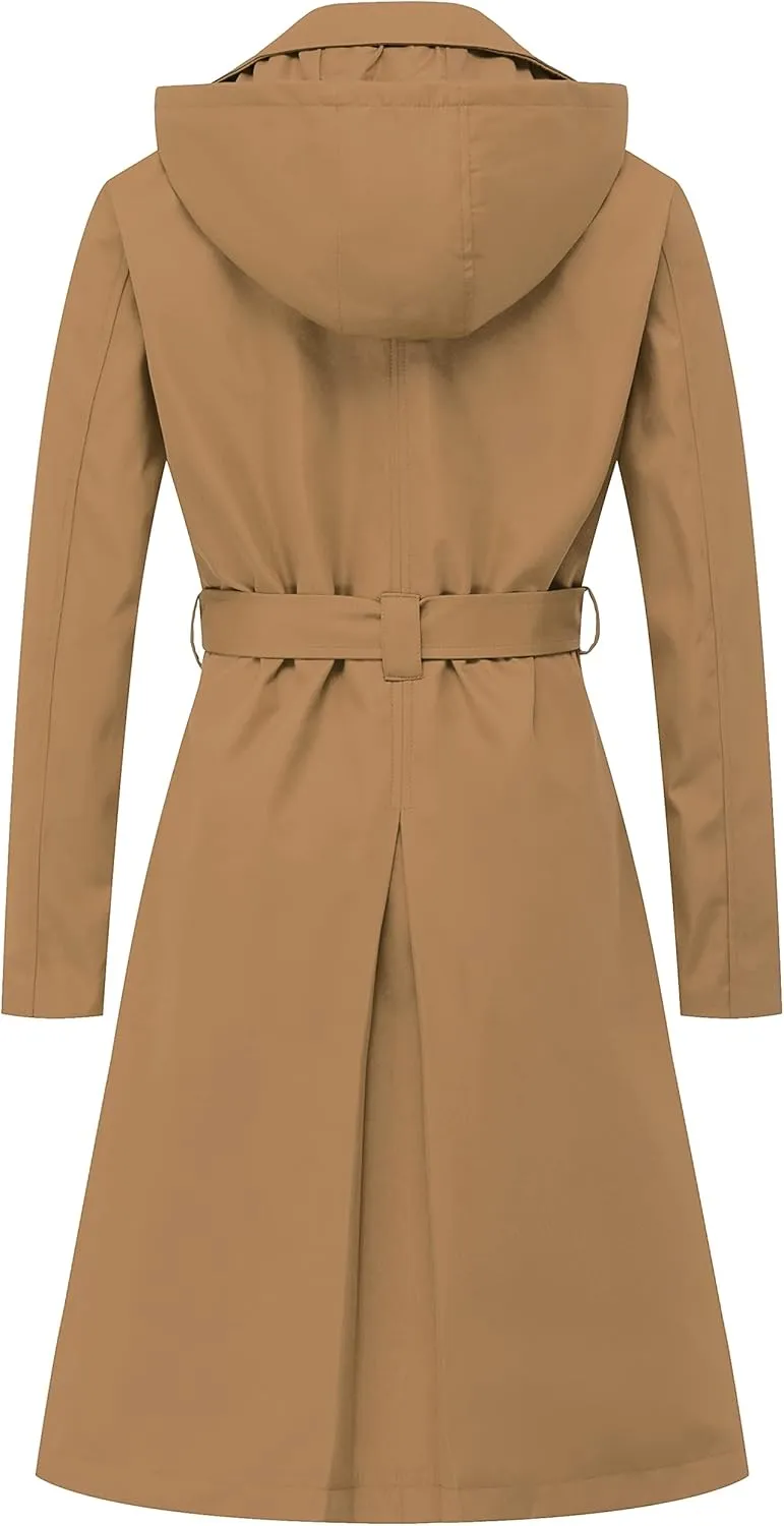 CREATMO US Women's Long Trench Coat Double-Breasted Classic Lapel Overcoat Belted Slim Outerwear Coat with Detachable Hood